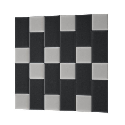 Prostokątny panel akustyczny Quadratta VII Monolith 84/97 w przeplatanym układzie jasnoszarych i ciemnoszarych prostokątnych modułów.