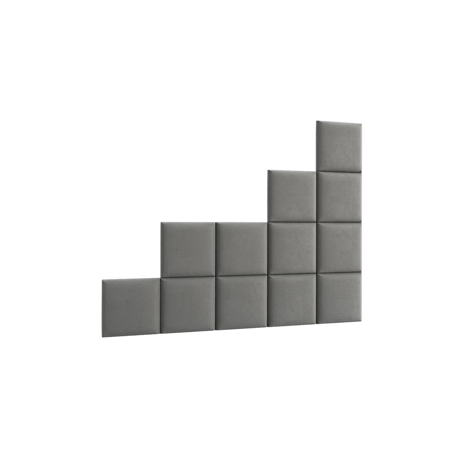 L-kształtna aranżacja paneli akustycznych Quadratta VIII Monolith 48 w subtelnym jasnoniebieskim odcieniu, z równomiernie ułożonymi kwadratowymi modułami tworzącymi schodkowy wzór.