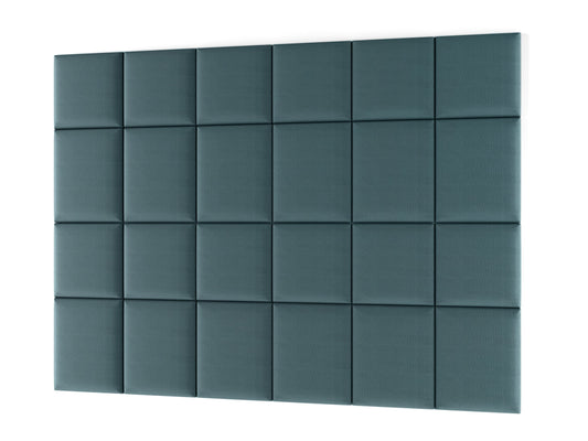 Zestaw dwudziestu paneli akustycznych Quadratta XI w kolorze Monolith 76 jasnoniebieski, ułożonych na białym tle w regularną siatkę 4 × 5.