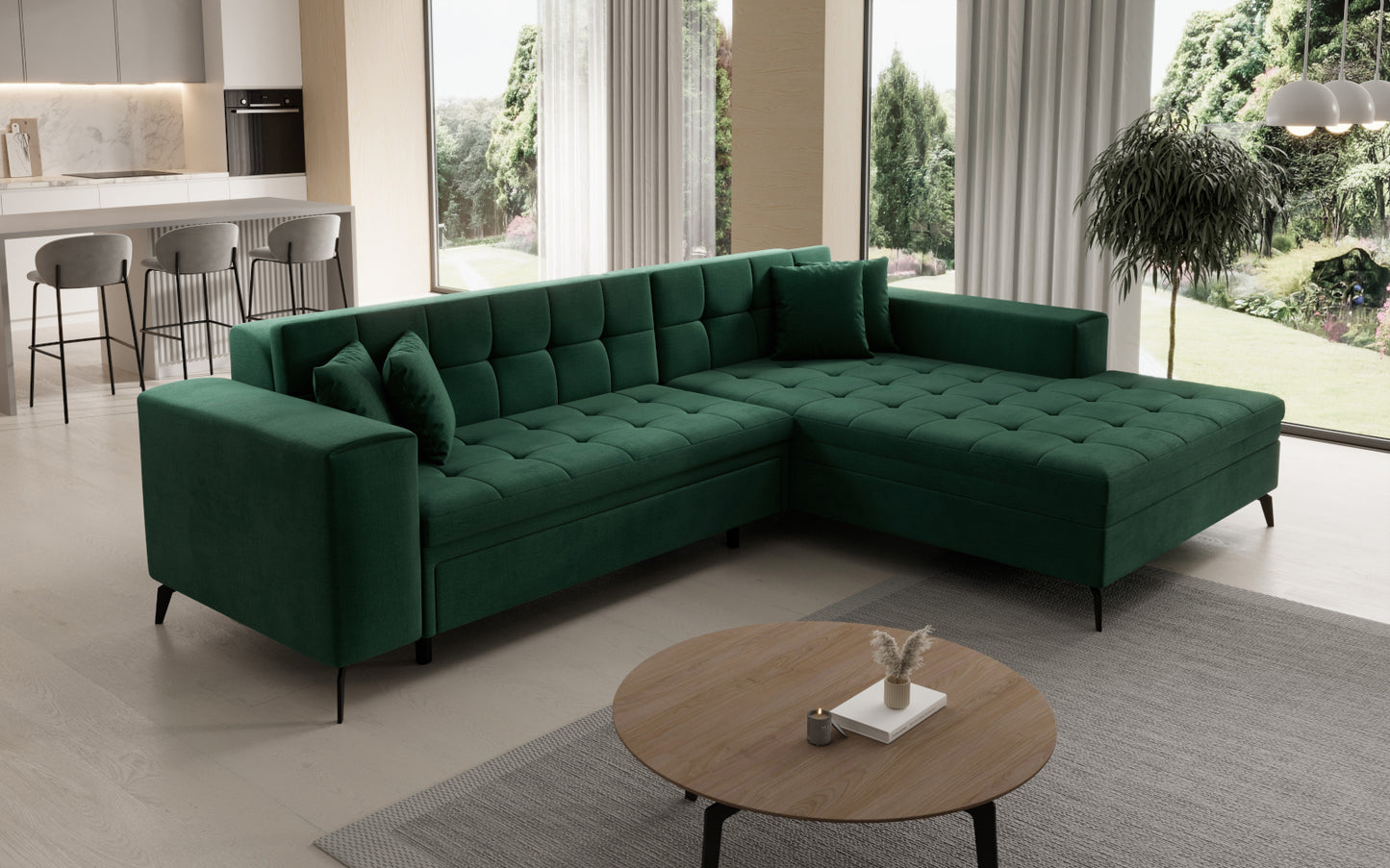 Narożnik Solange prawostronny w kolorze zielonym Monolith 37 to stylowy mebel wypoczynkowy do salonu, który oferuje wygodne siedziska i elegancki design dopasowany do nowoczesnych aranżacji.