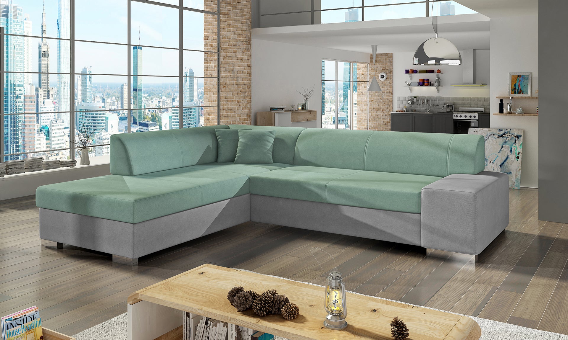 Zielono-szara sofa narożna Porto wykonana z materiałów Soro 34 i Soro 83 doskonale sprawdzi się w nowoczesnych aranżacjach wnętrz, zapewniając komfort użytkowania oraz estetyczny wygląd dopasowany do stylowego salonu