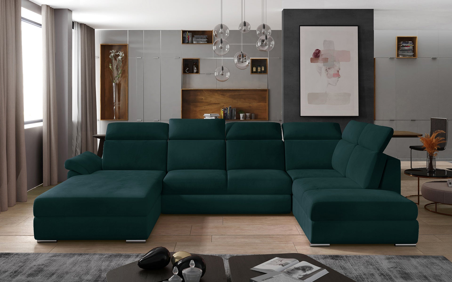 Zielona sofa narożna Evanell wykonana z przyjemnej w dotyku tkaniny Matt Velvet 75 doskonale sprawdzi się w salonie jako wygodny mebel do codziennego relaksu, jednocześnie nadając wnętrzu charakteru i świeżości