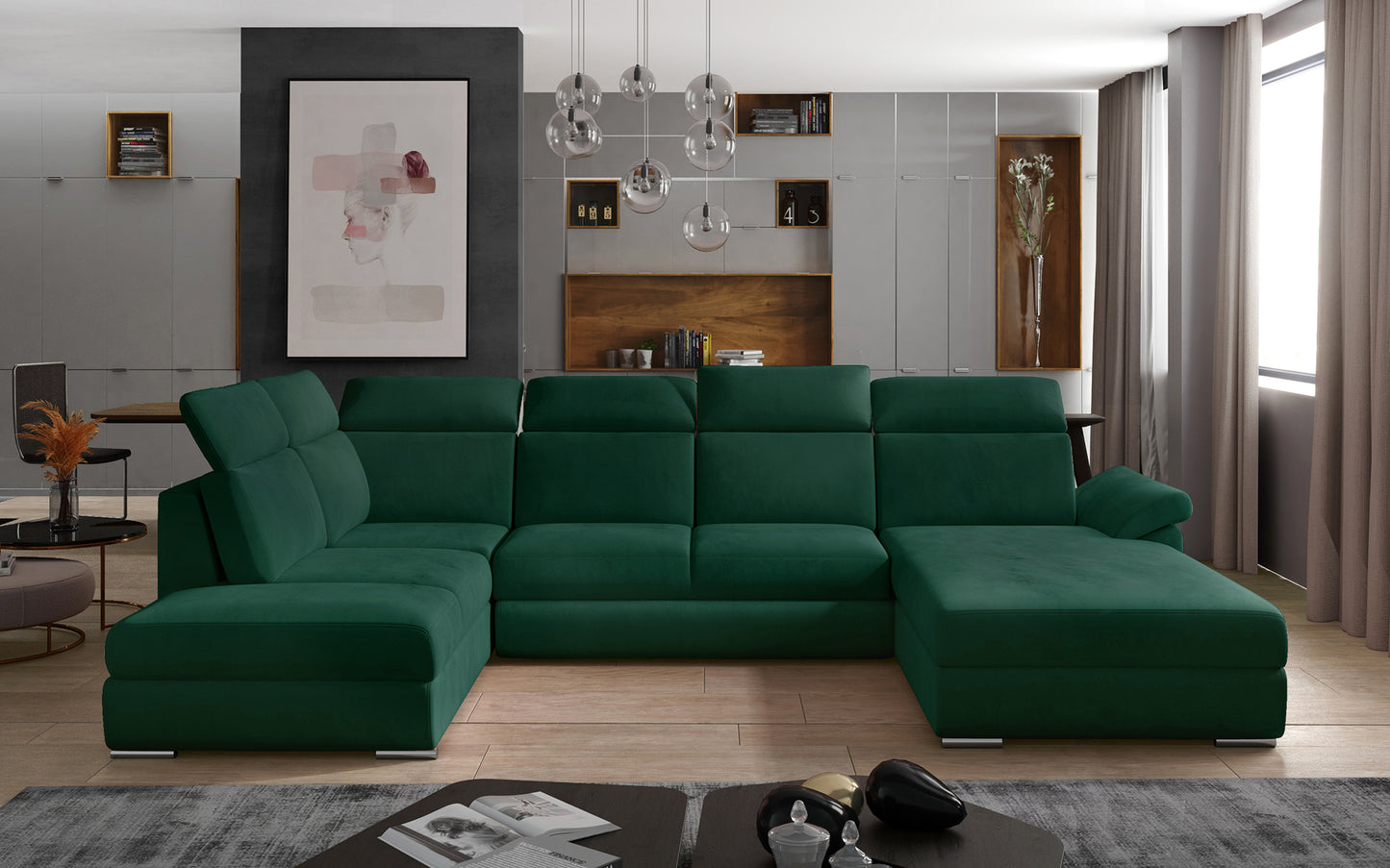 Duży narożnik Evanell w kolorze zielonym wykonany z tkaniny Monolith 37, wyposażony w komfortowe siedziska i praktyczny szezlong, doskonale sprawdzi się jako wygodna sofa do przestronnego salonu dla całej rodziny