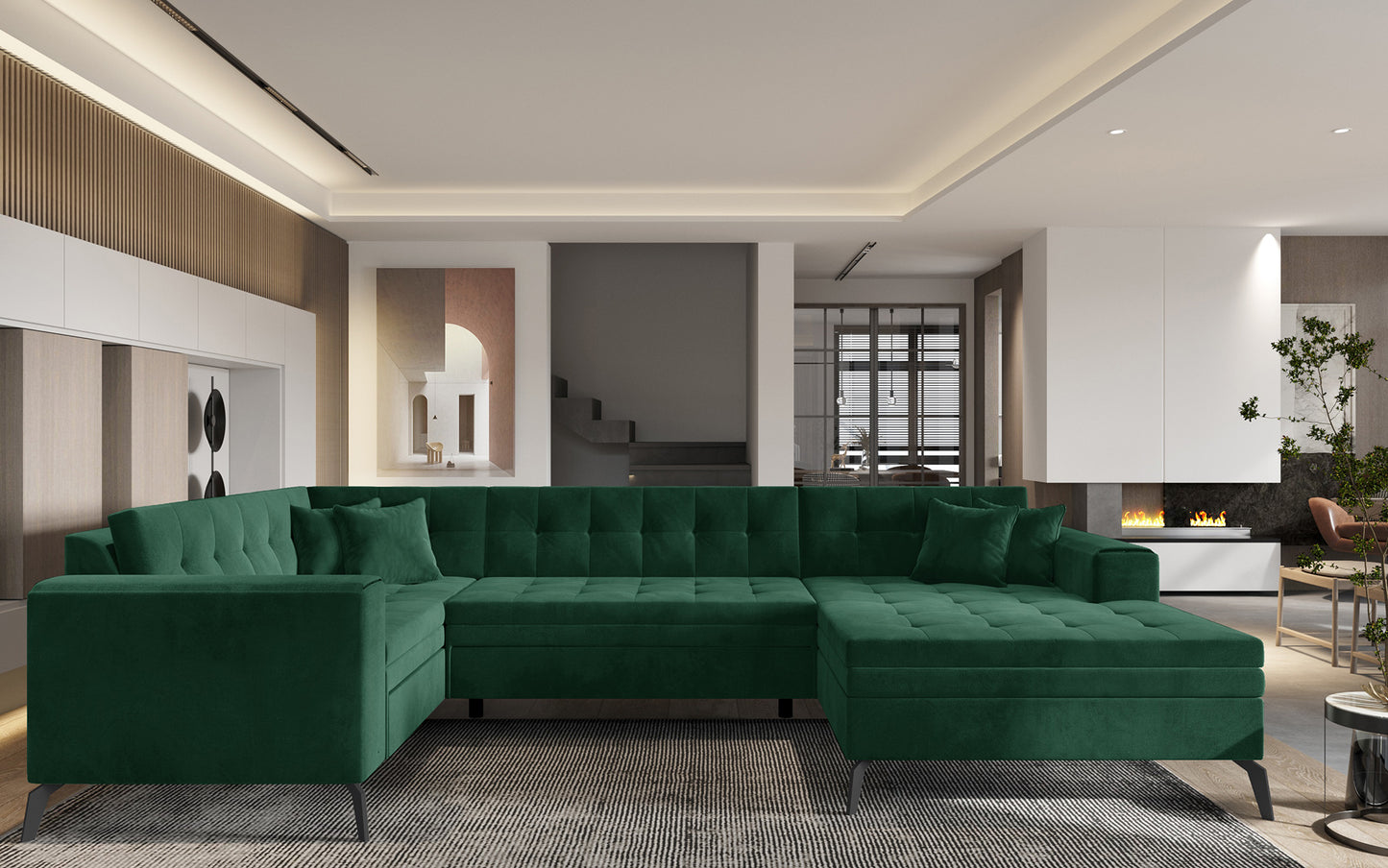 Zielona sofa narożna Montez wykonana z materiału Loco 35 doskonale sprawdzi się w przestronnym salonie, oferując wygodne siedziska oraz estetyczny wygląd dopasowany do nowoczesnych aranżacji wnętrz