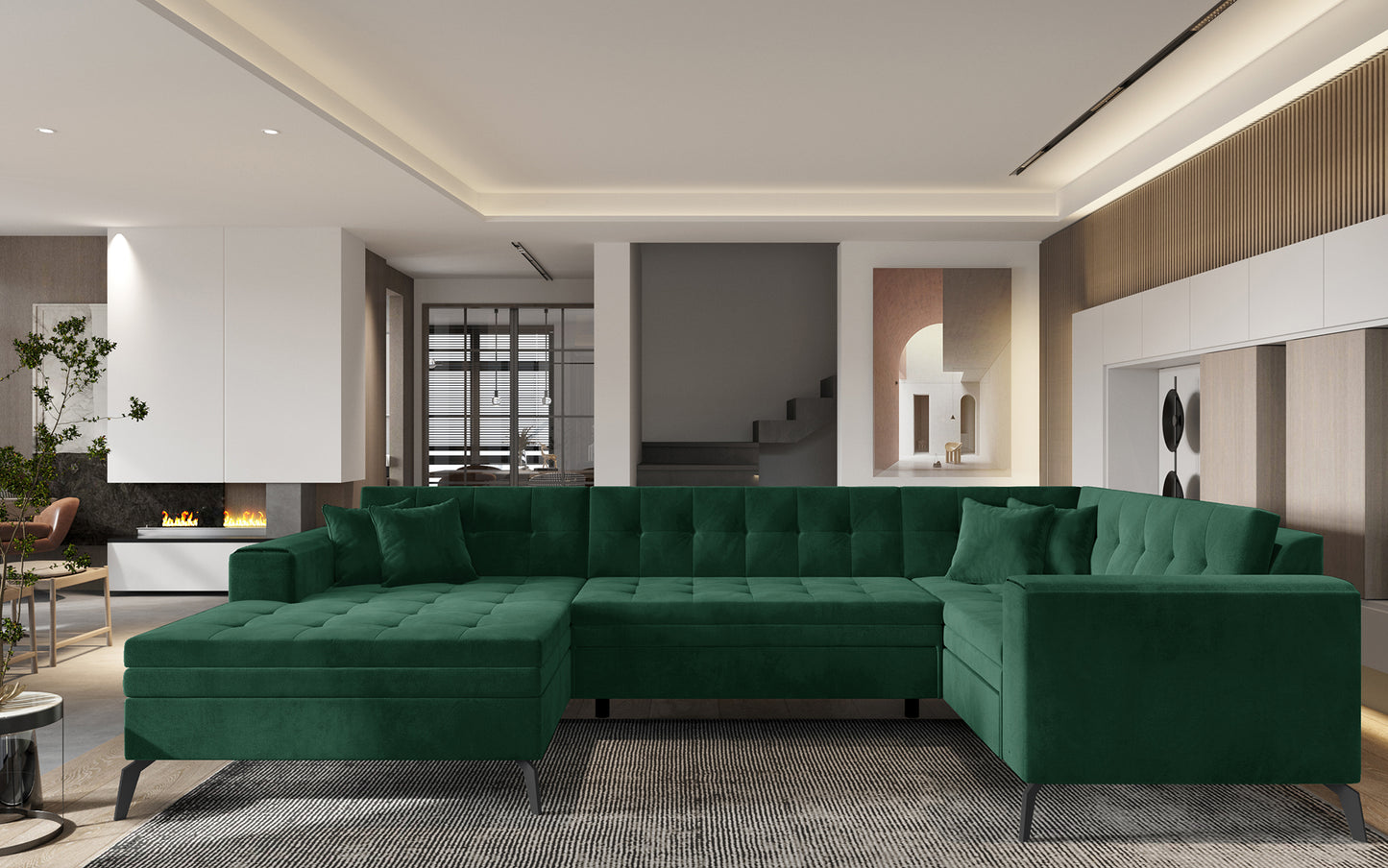 Zielona sofa narożna Montez wykonana z materiału Loco 35 wyróżnia się świeżym kolorem i funkcjonalnym układem, zapewniając wygodne siedziska oraz estetyczny wygląd dopasowany do współczesnych aranżacji wnętrz