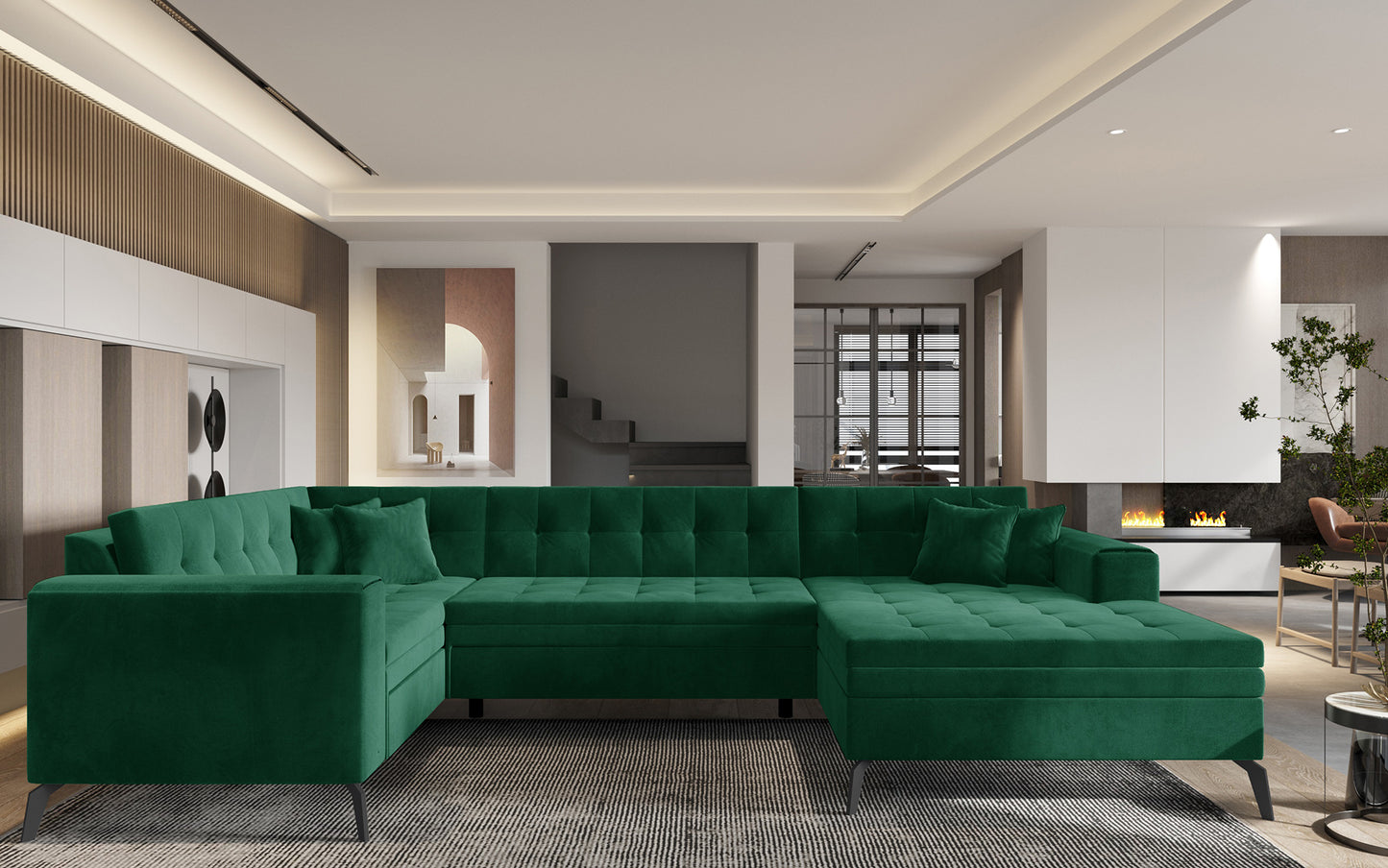 Zielona sofa narożna Montez wykonana z materiału Lukso 35 doskonale wpisuje się w aktualne trendy wnętrzarskie, oferując wygodne siedziska oraz stylowy wygląd podkreślający charakter nowoczesnego salonu