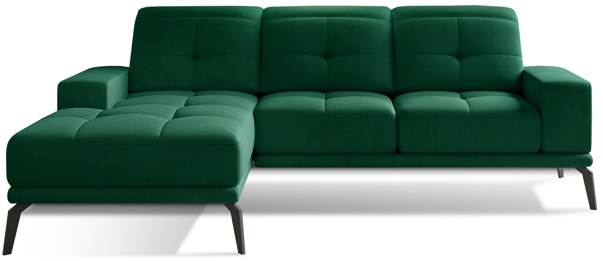 Zielony narożnik Torrense w tkaninie Monolith 37 z eleganckim welurowym wykończeniem i wygodnym szezlongiem. Nowoczesny narożnik do salonu w stylu glamour, loftowym lub modern.