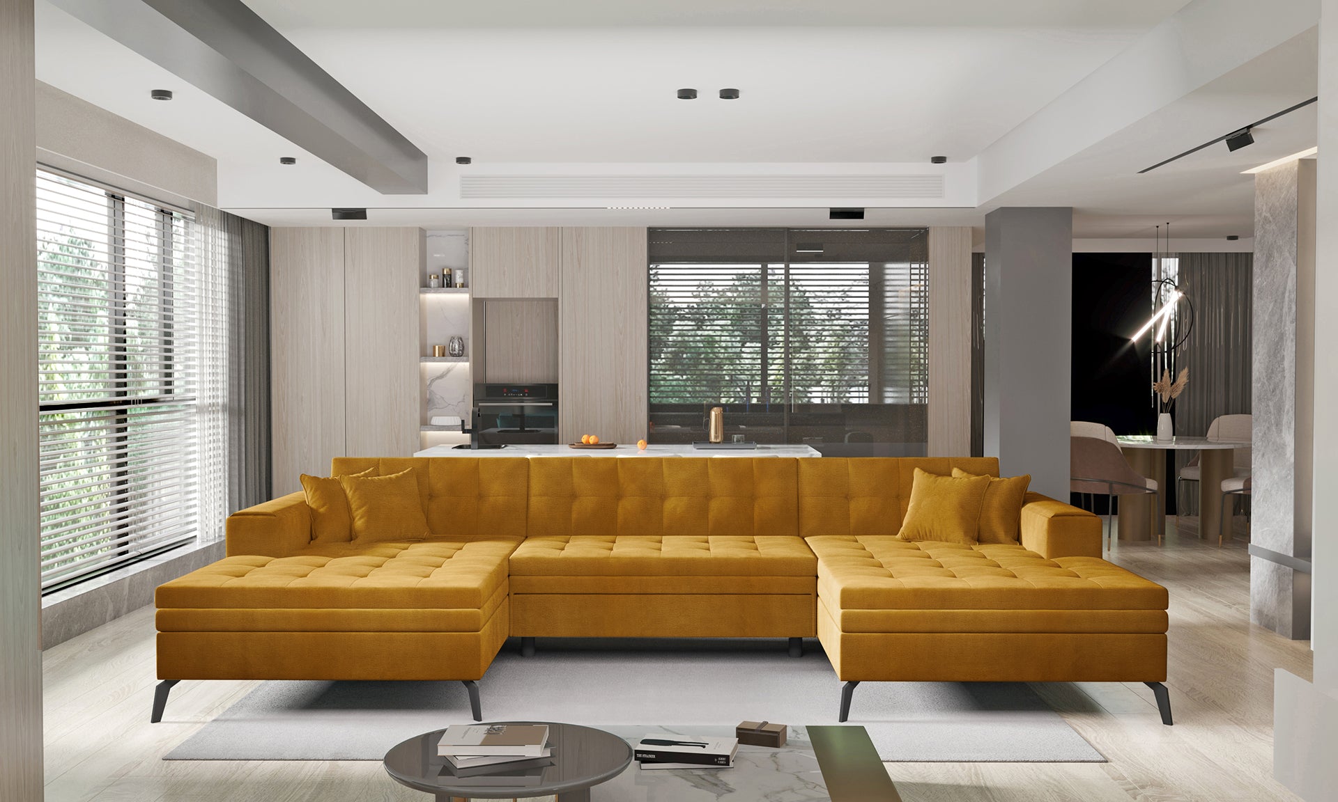 Żółta sofa narożna Vertizo wykonana z miękkiej tkaniny Nube 45 przyciąga uwagę modnym kolorem i nowoczesnym designem, oferując dużą przestrzeń do siedzenia oraz komfortowe poduszki dla całej rodziny
