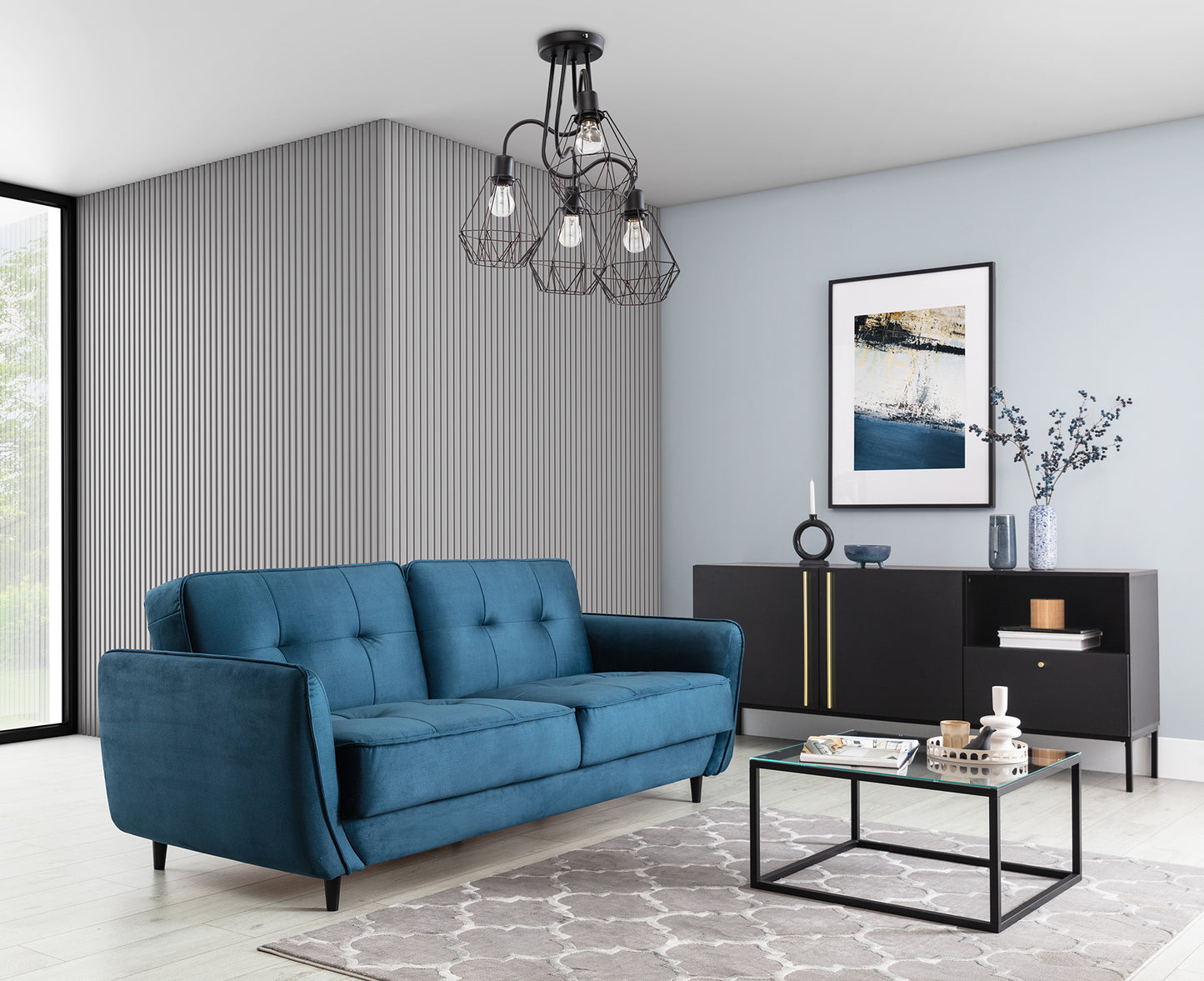 Żyrandol poczwórny Bendinni czarny 60x50 cm w aranżacji salonu – oświetlenie sufitowe nad strefą wypoczynku