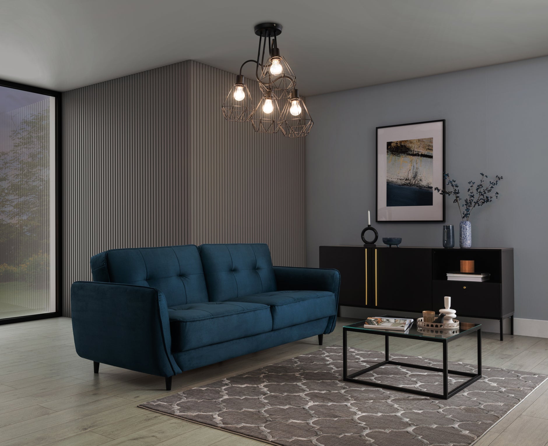 Żyrandol poczwórny Bendinni czarny 60x50 cm w nowoczesnym wnętrzu – świecąca lampa sufitowa w salonie