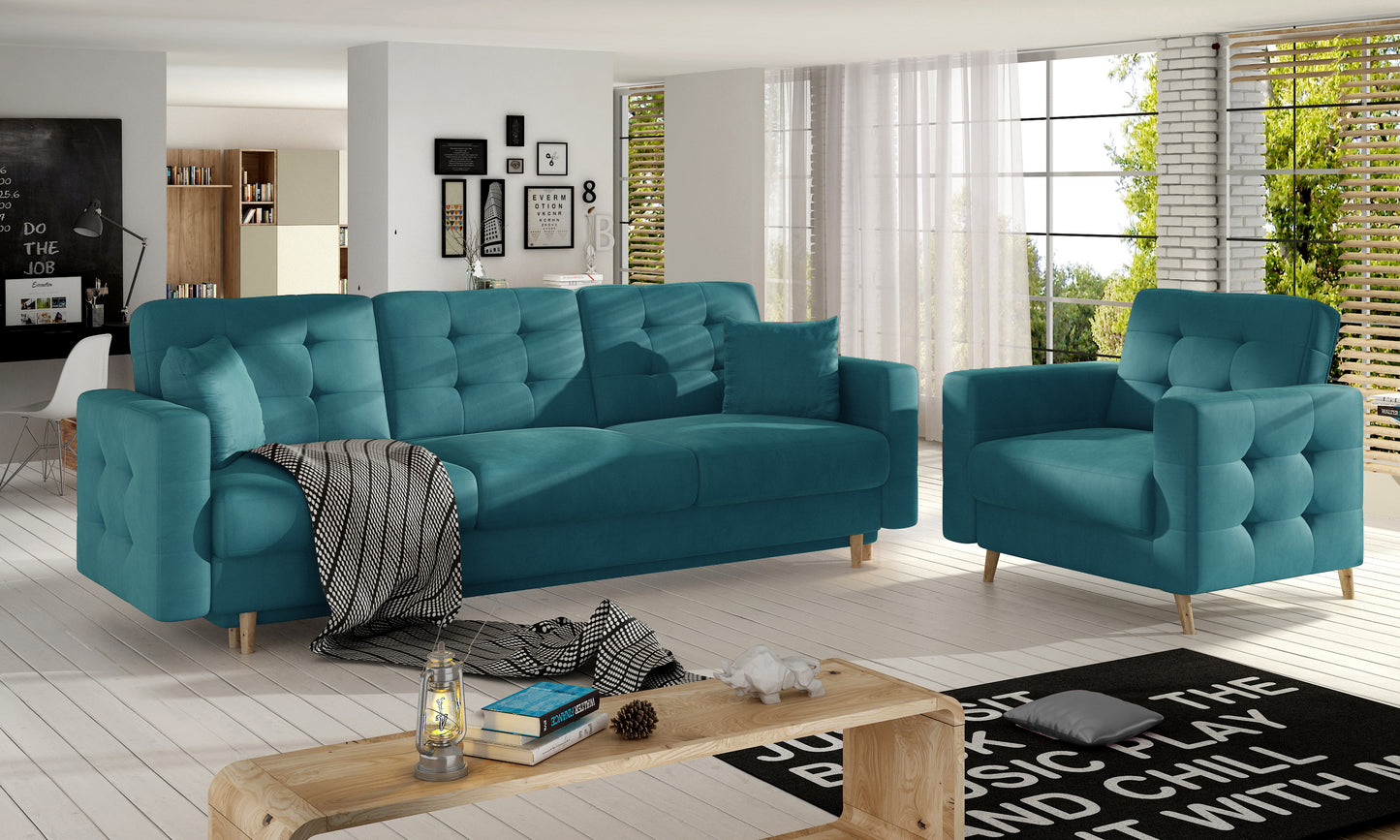 Sofa i fotel Asgard Matt Velvet w głębokim zielonym odcieniu tworzą stylowy zestaw do salonu. Nowoczesna forma łączy estetykę z wygodą użytkowania.
