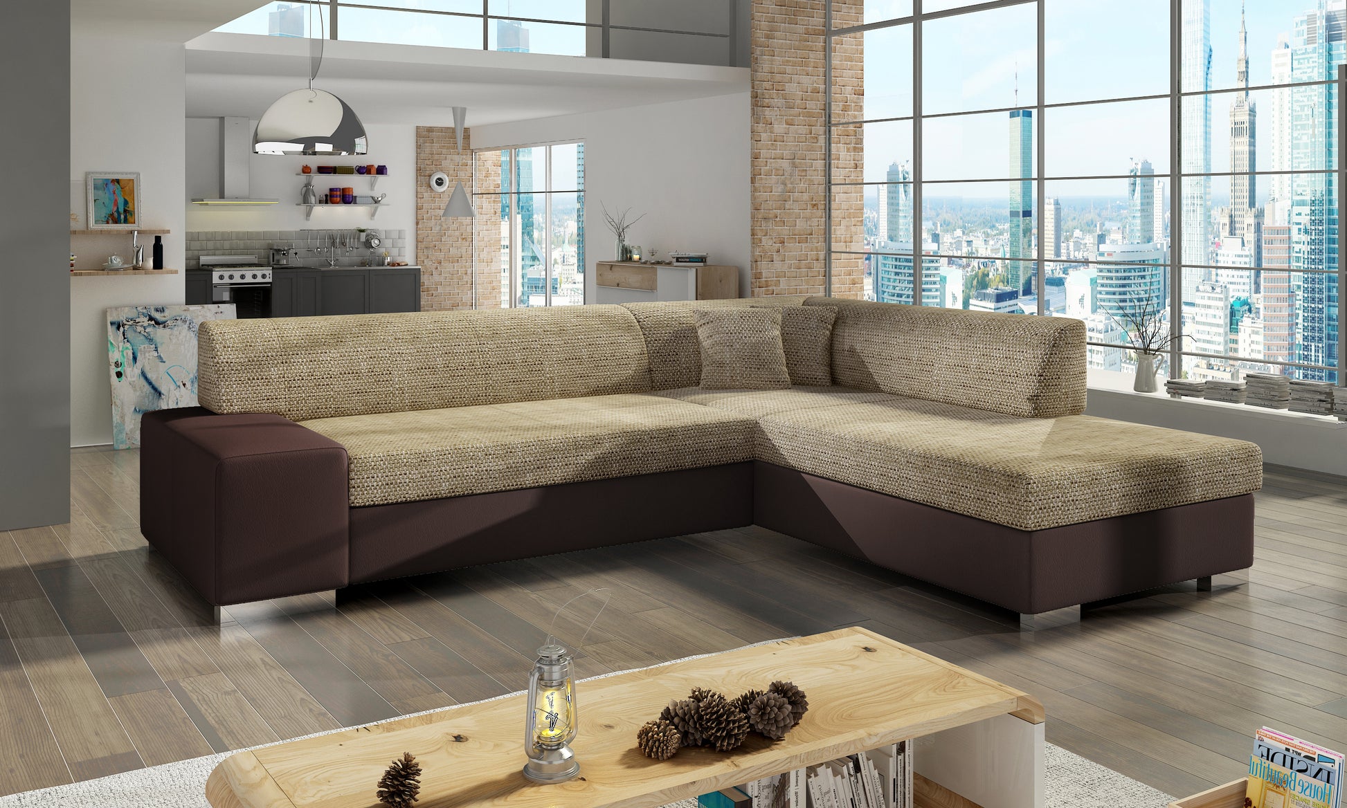 Beżowo-brązowa sofa narożna Porto wykonana z materiałów Berlin 03 i Soft 66 w układzie prawym doskonale wpisuje się w ciepłe aranżacje wnętrz, zapewniając komfort użytkowania i estetyczny wygląd