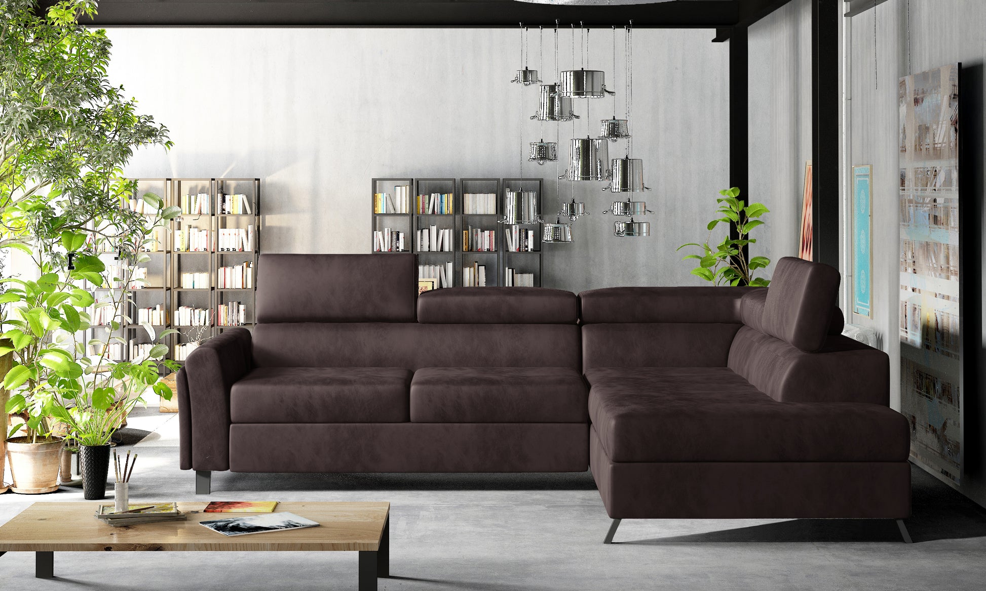 Model Kairos prawy Velvetmat 29 w kolorze brązowym to elegancka sofa narożna do pokoju dziennego, która łączy przytulny wygląd, praktyczny układ i komfort codziennego wypoczynku.