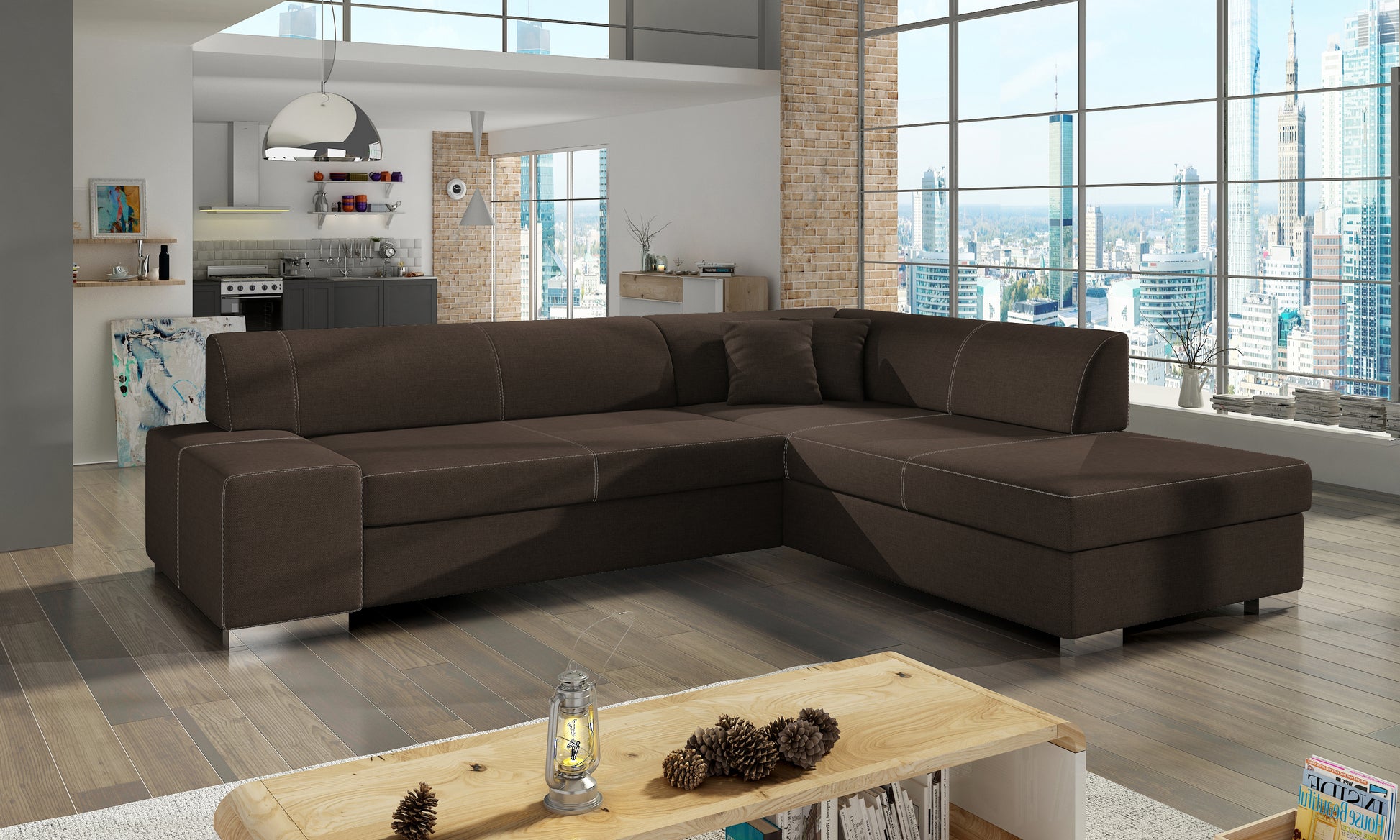 Brązowa sofa narożna Porto wykonana z materiału Sawana 26 w układzie prawym doskonale sprawdzi się w aranżacjach inspirowanych naturą, oferując wygodne siedziska i estetyczny wygląd dopasowany do wnętrza