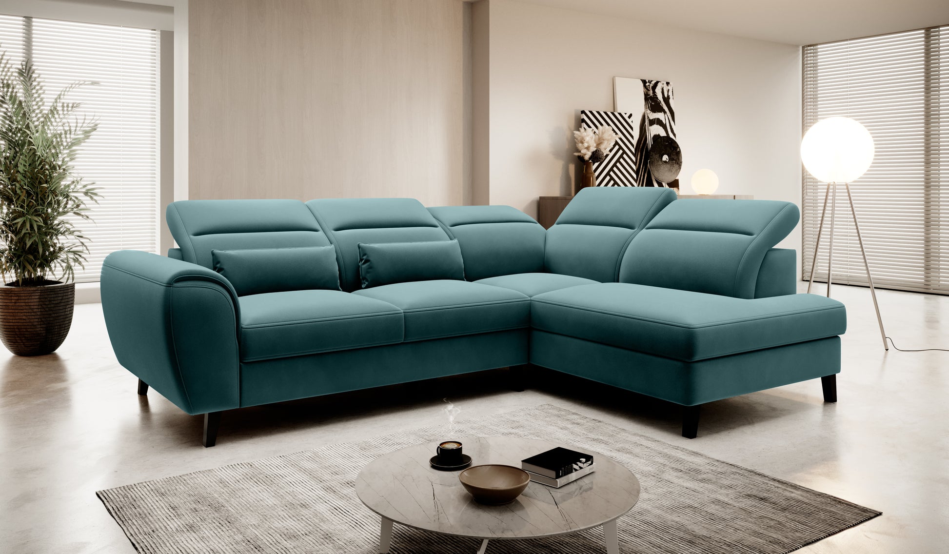 Narożnik Noble Velvetmat 38 w modnym odcieniu butelkowej zieleni prezentujący komfortowe siedziska oraz minimalistyczną bryłę na wysokich czarnych nóżkach. Designerski narożnik wypoczynkowy do nowoczesnego salonu premium.