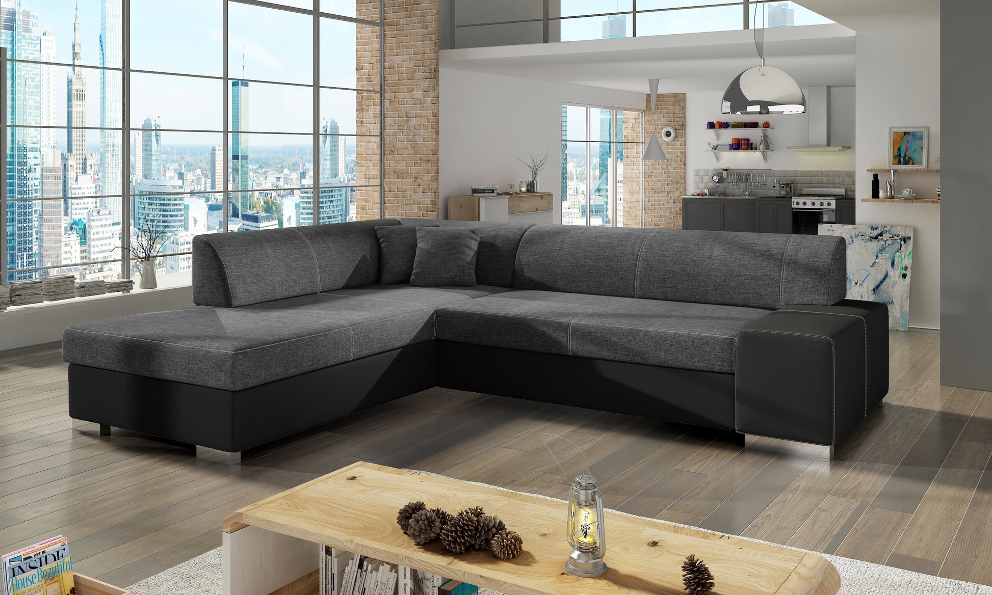 Ciemnoszaro-czarna sofa narożna Porto wykonana z materiałów Sawana 05 i Soft 11 doskonale sprawdzi się w nowoczesnych aranżacjach, zapewniając komfort użytkowania i stylowy wygląd podkreślający charakter wnętrza