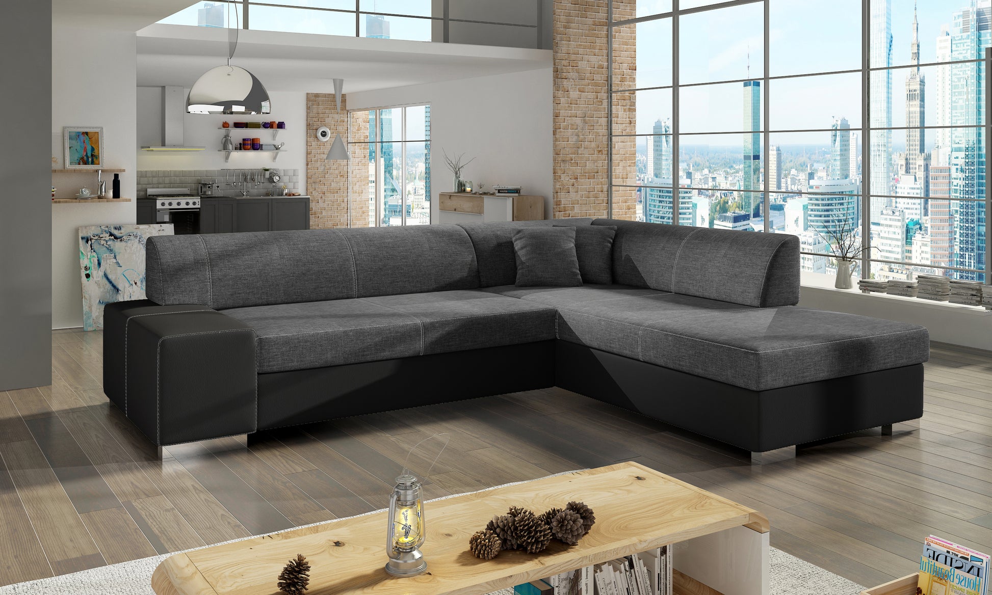 Ciemnoszaro-czarna sofa narożna Porto wykonana z materiałów Sawana 05 i Soft 11 w układzie prawym to idealny wybór do wnętrz nowoczesnych i loftowych, zapewniający komfort użytkowania oraz stylowy wygląd