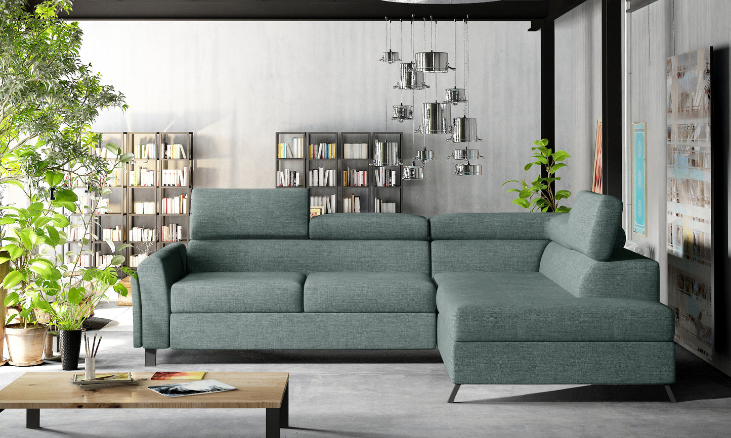 Sofa narożna Kairos Cover 70 niebieska z prawym układem wypoczynkowym oferuje dużą przestrzeń do relaksu, nowoczesną linię mebla i praktyczne rozwiązanie do pokoju dziennego.