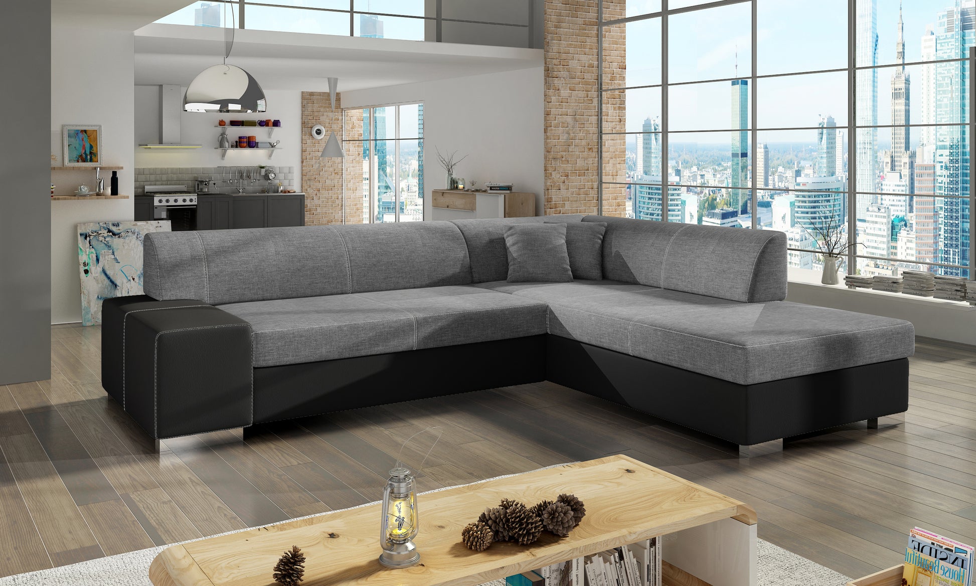 Szary narożnik Porto Sawana 21 z czarnymi bokami Soft 11, elegancka sofa narożna do salonu z przestronnym siedziskiem i poduszkami, idealna do nowoczesnych wnętrz dla rodziny szukającej komfortu i stylu