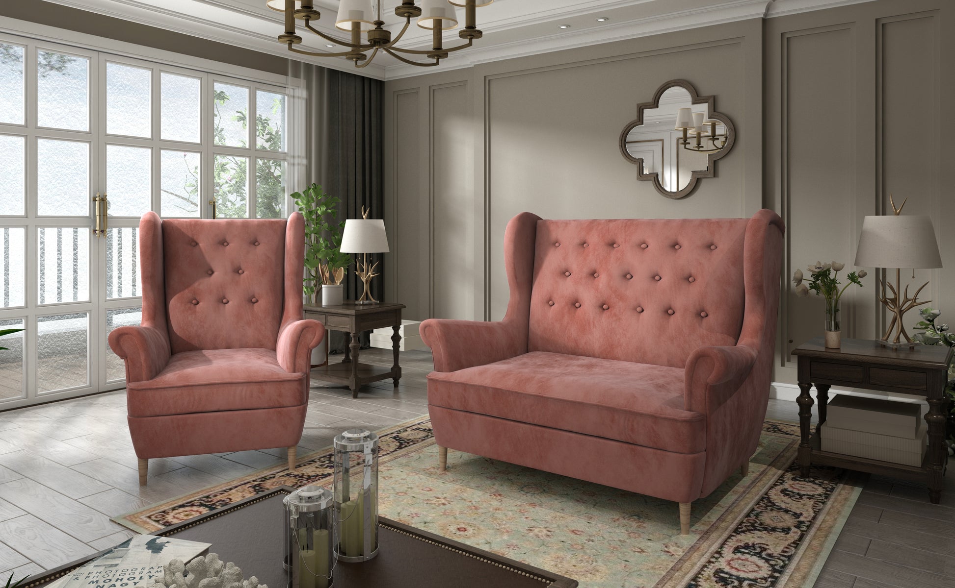 Komplet wypoczynkowy Aros w tkaninie Kronos 29 różowy – elegancki fotel i sofa w stylowym salonie z klasycznymi dodatkami i jasnym oświetleniem.