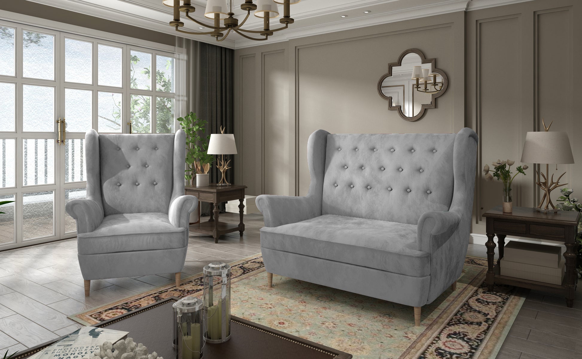 Komplet wypoczynkowy Aros w tkaninie Monolith 84 jasnoszary – elegancki fotel i sofa w nowoczesnym salonie z jasnymi dodatkami i dużym oknem.