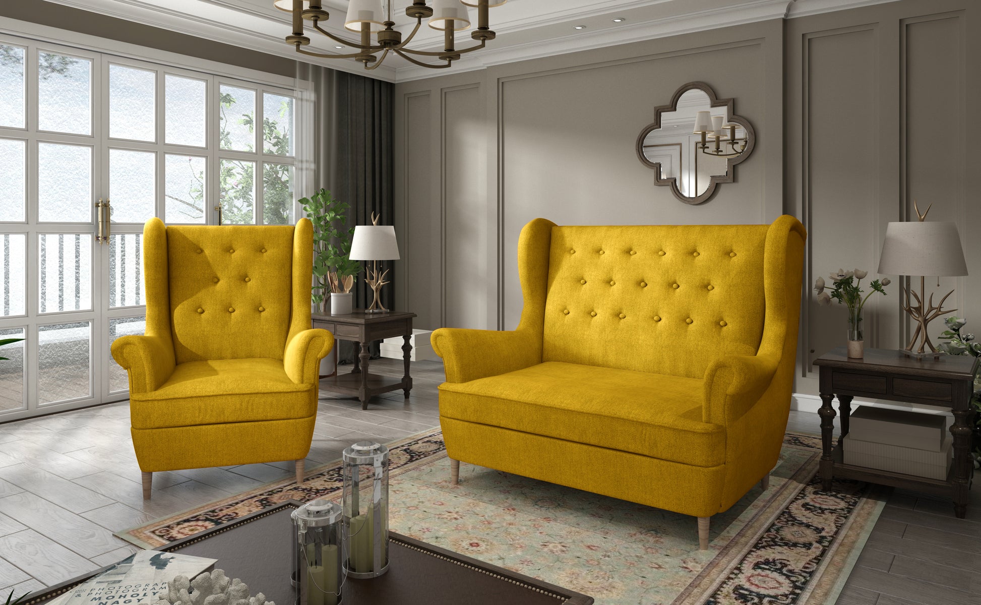 Komplet wypoczynkowy Aros w tkaninie Omega 69 żółty – stylowy fotel i sofa w eleganckim salonie z klasycznymi meblami i dużymi oknami.