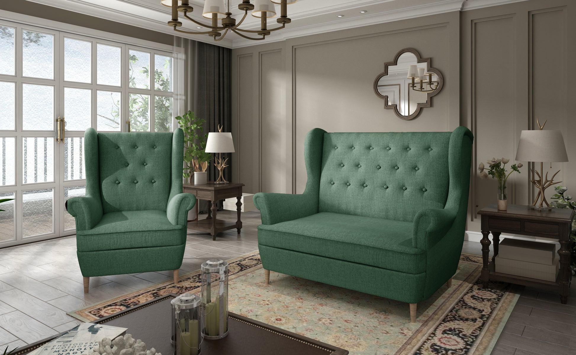 Komplet wypoczynkowy Aros w tkaninie Solid 39 zielony – elegancki fotel i sofa w klasycznym salonie z dużymi oknami i drewnianymi meblami.