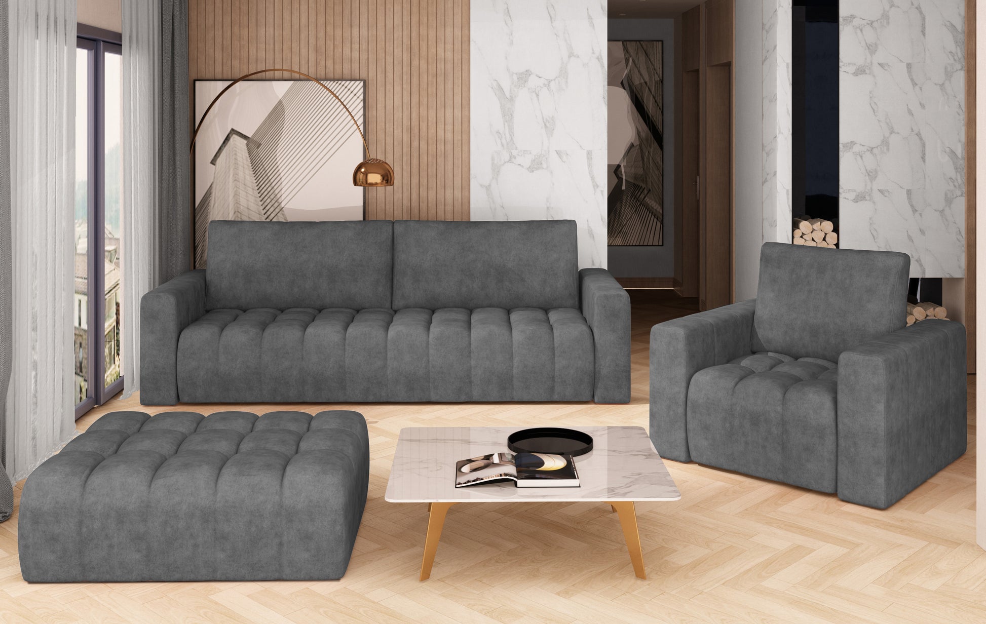 Nowoczesny salon z kompletem wypoczynkowym Lazaro w kolorze Dora 95 ciemnoszary – sofa, fotel i pufa na drewnianej podłodze, z marmurowym stolikiem kawowym i dekoracyjnym oświetleniem w tle.