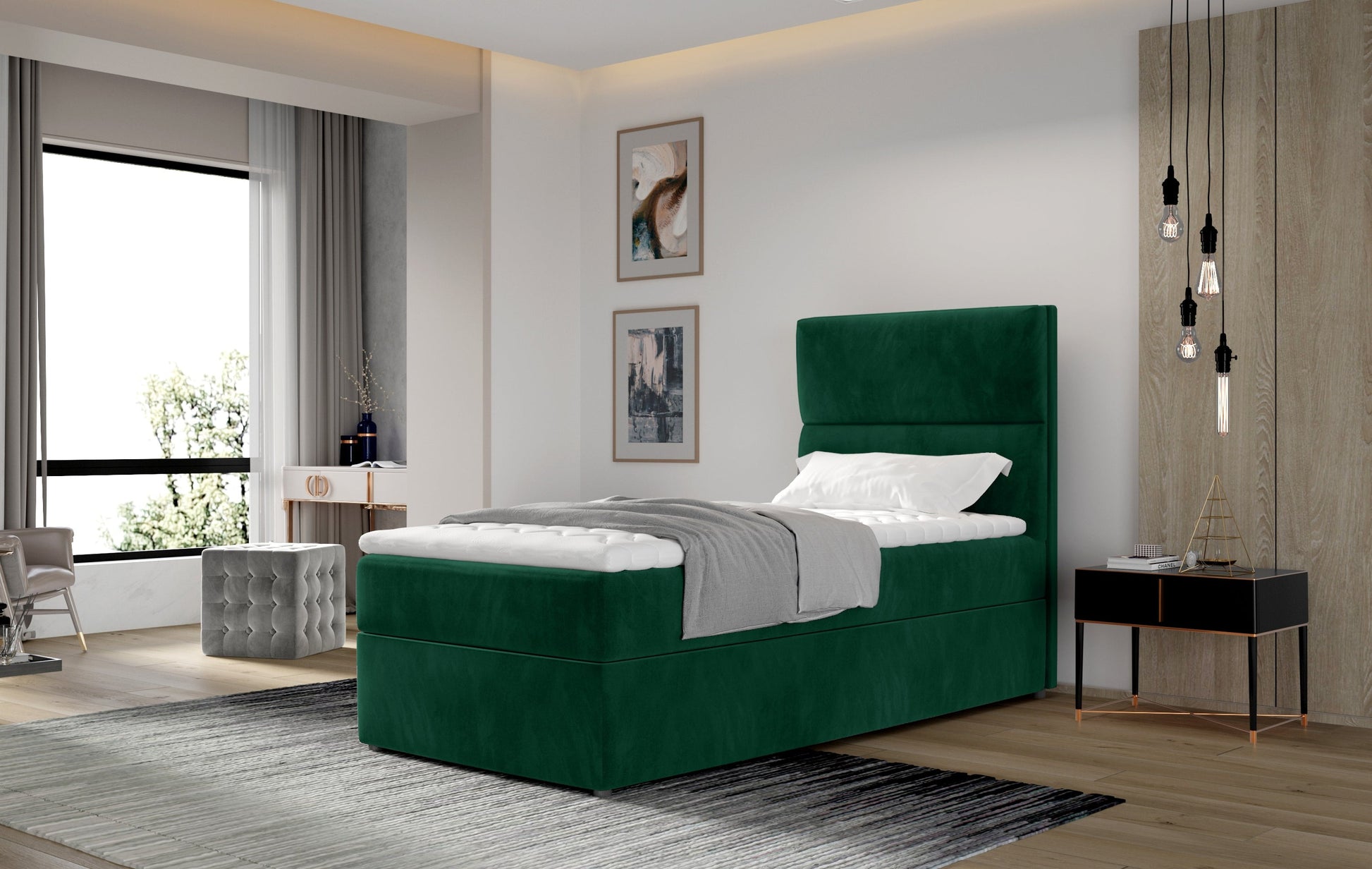 Zielone łóżko Arco z pojemnikiem na pościel 90x200 cm w aranżacji sypialni