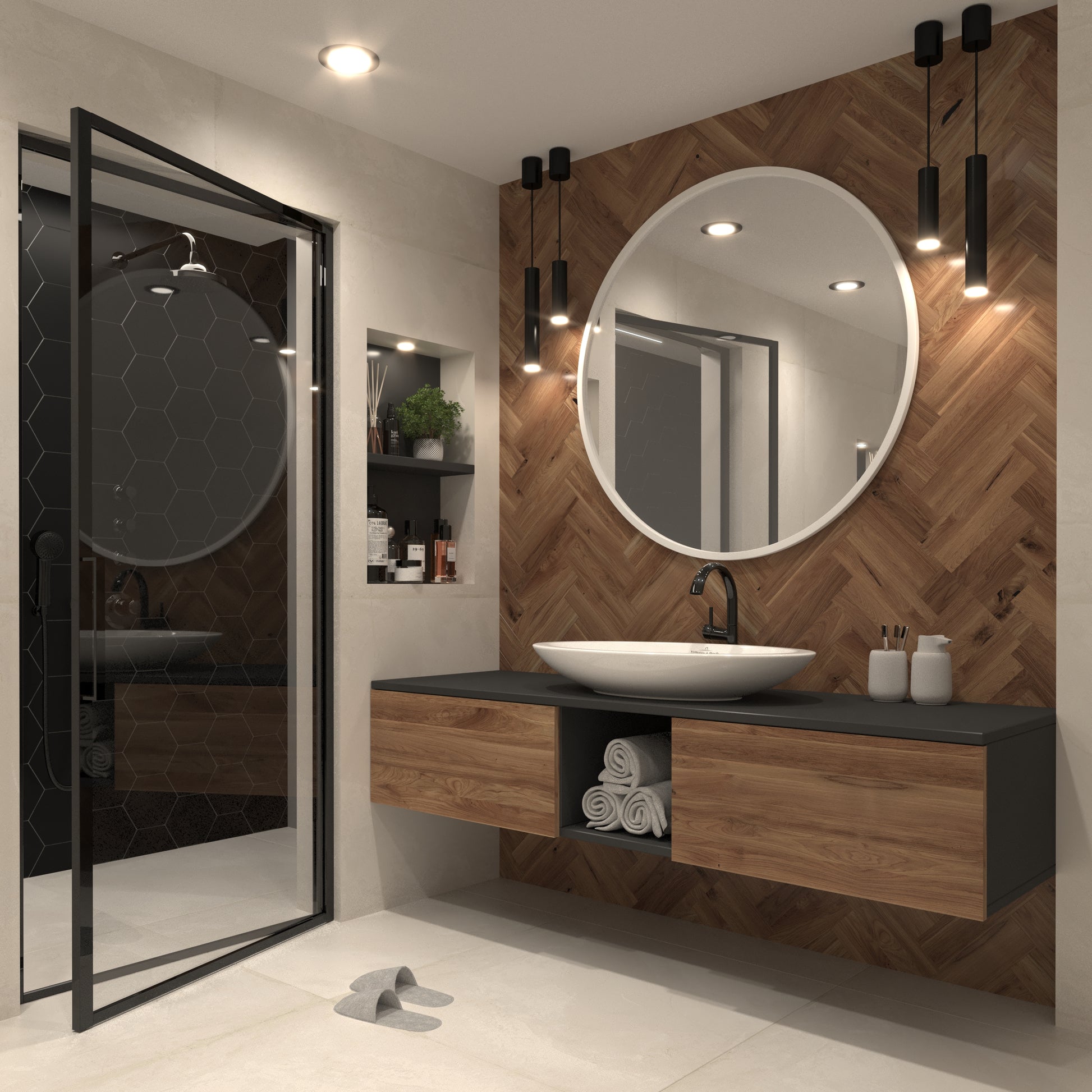 Lustro Grace o średnicy 100 cm w białej ramie, zamontowane w nowoczesnej łazience z drewnianą ścianą i jasnym, minimalistycznym wystrojem.