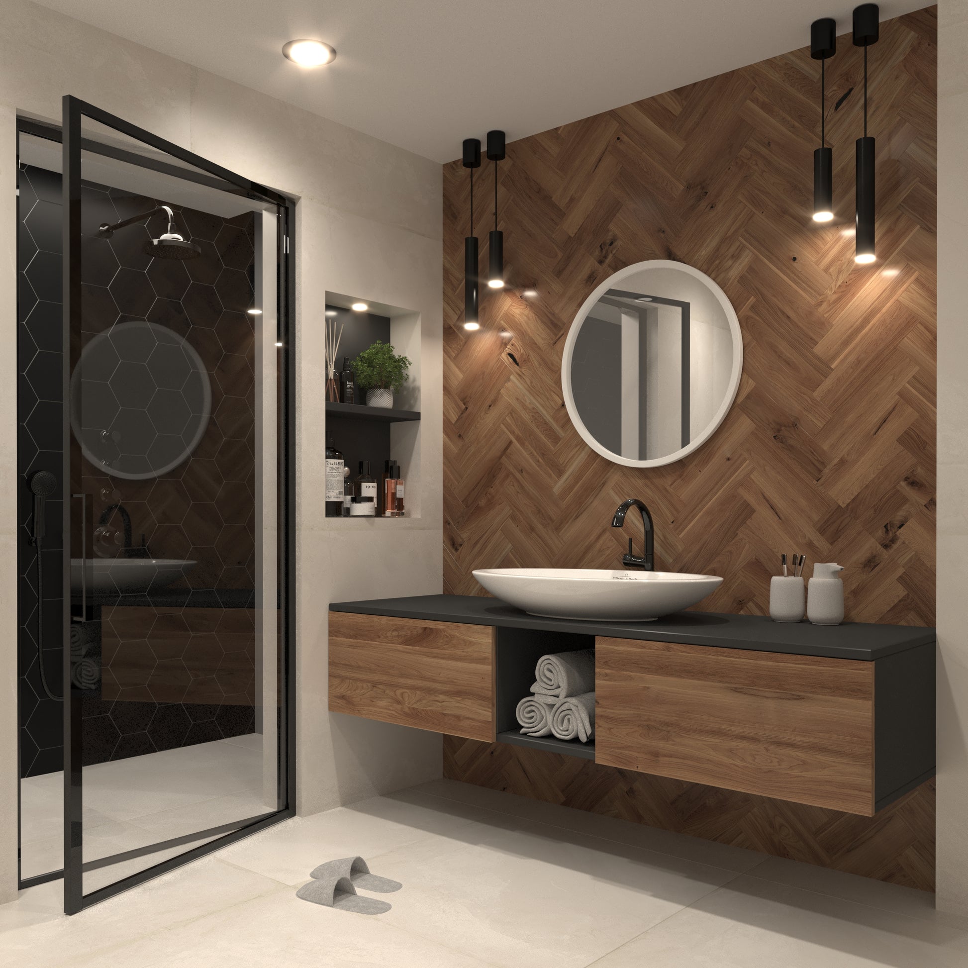 Lustro Grace o średnicy 60 cm w białej ramie, zamontowane w nowoczesnej łazience z drewnianą ścianą i jasnym wystrojem.