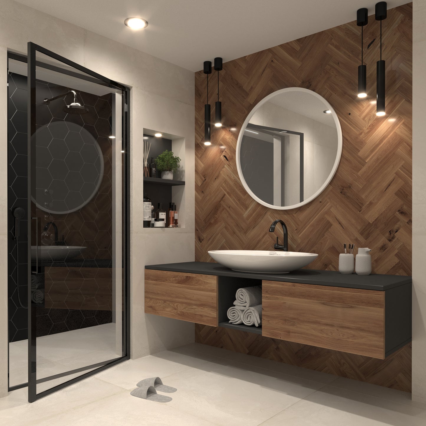 Lustro Grace o średnicy 80 cm w białej ramie, zamontowane w nowoczesnej łazience z drewnianą ścianą i jasnym wystrojem.