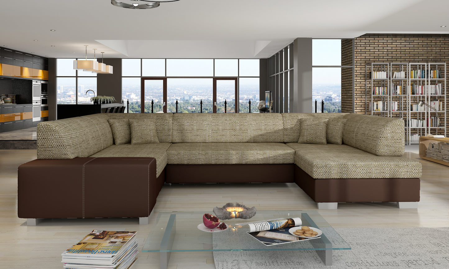 Beżowo-brązowy narożnik Havana w tkaninach Berlin 03 i Soft 66 ustawiony w eleganckim, przestronnym salonie