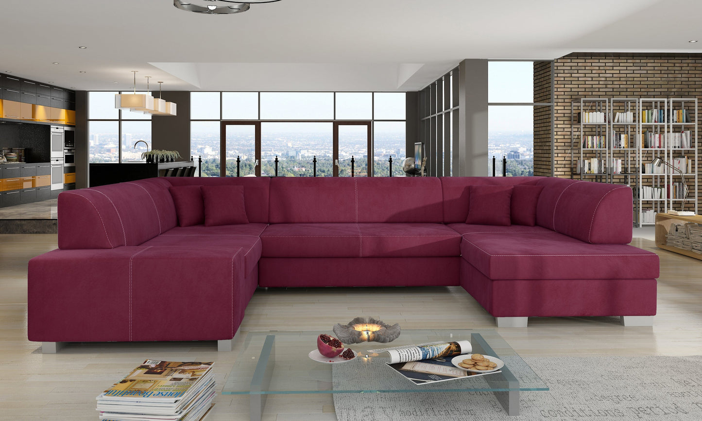 Bordowy narożnik Havana w tkaninie Matt Velvet 68 ustawiony w przestronnym, eleganckim salonie