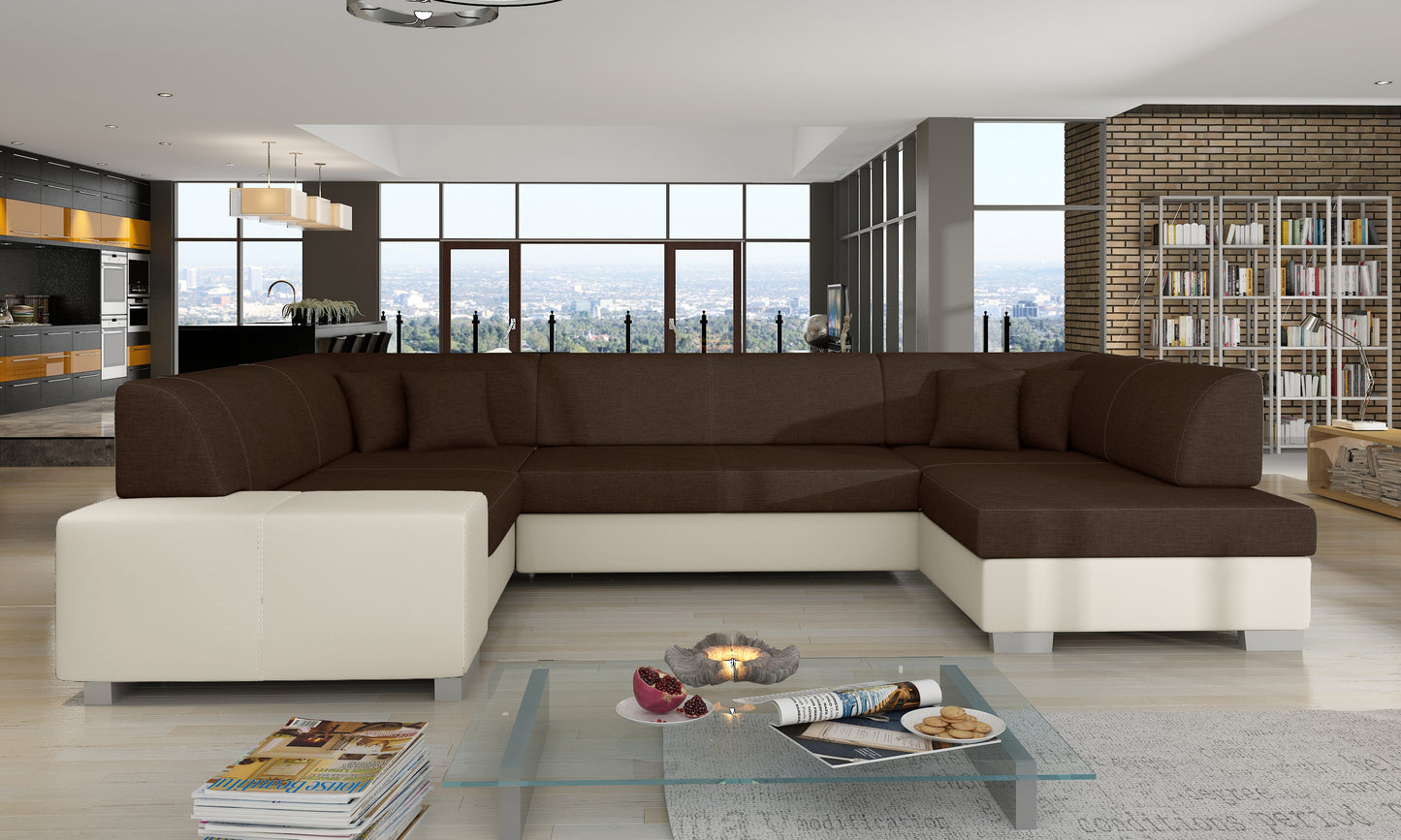 Brązowo-beżowy narożnik Havana w tkaninach Sawana 26 i Soft 33 ustawiony w eleganckim, przestronnym salonie