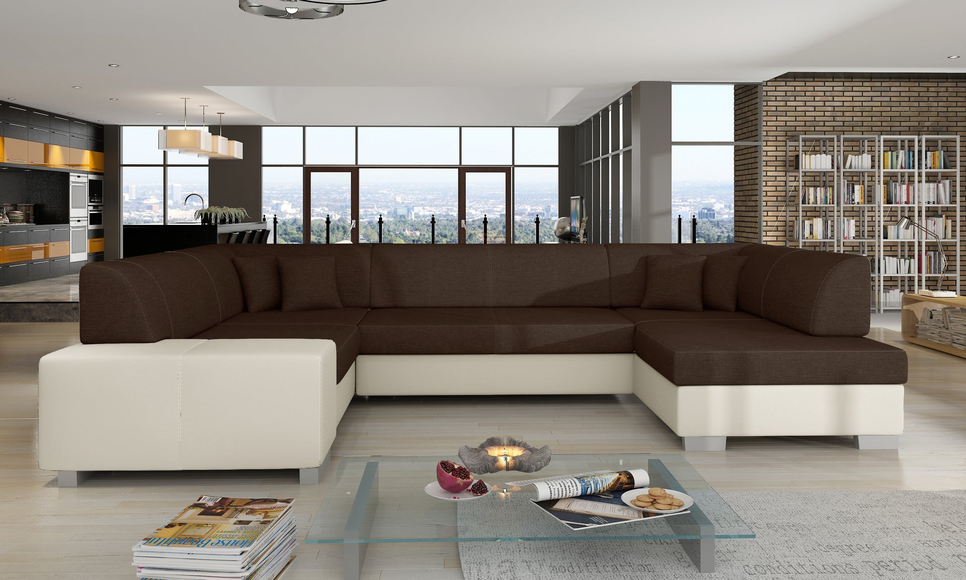 Brązowo-beżowy narożnik Havana w tkaninach Sawana 26 i Soft 33 ustawiony w eleganckim, przestronnym salonie