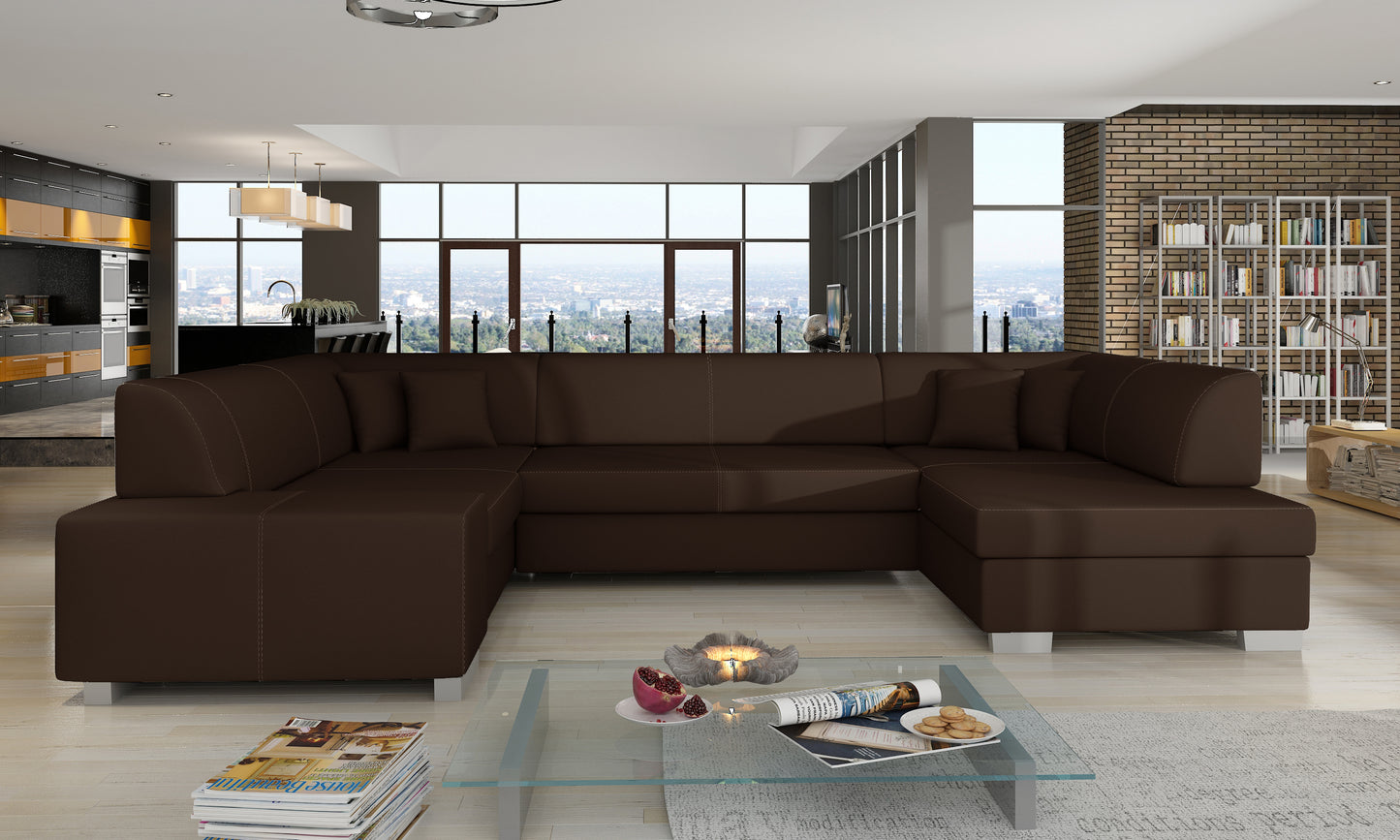 Brązowy narożnik Havana w tkaninie Soft 66 ustawiony w eleganckiej, nowoczesnej aranżacji salonu