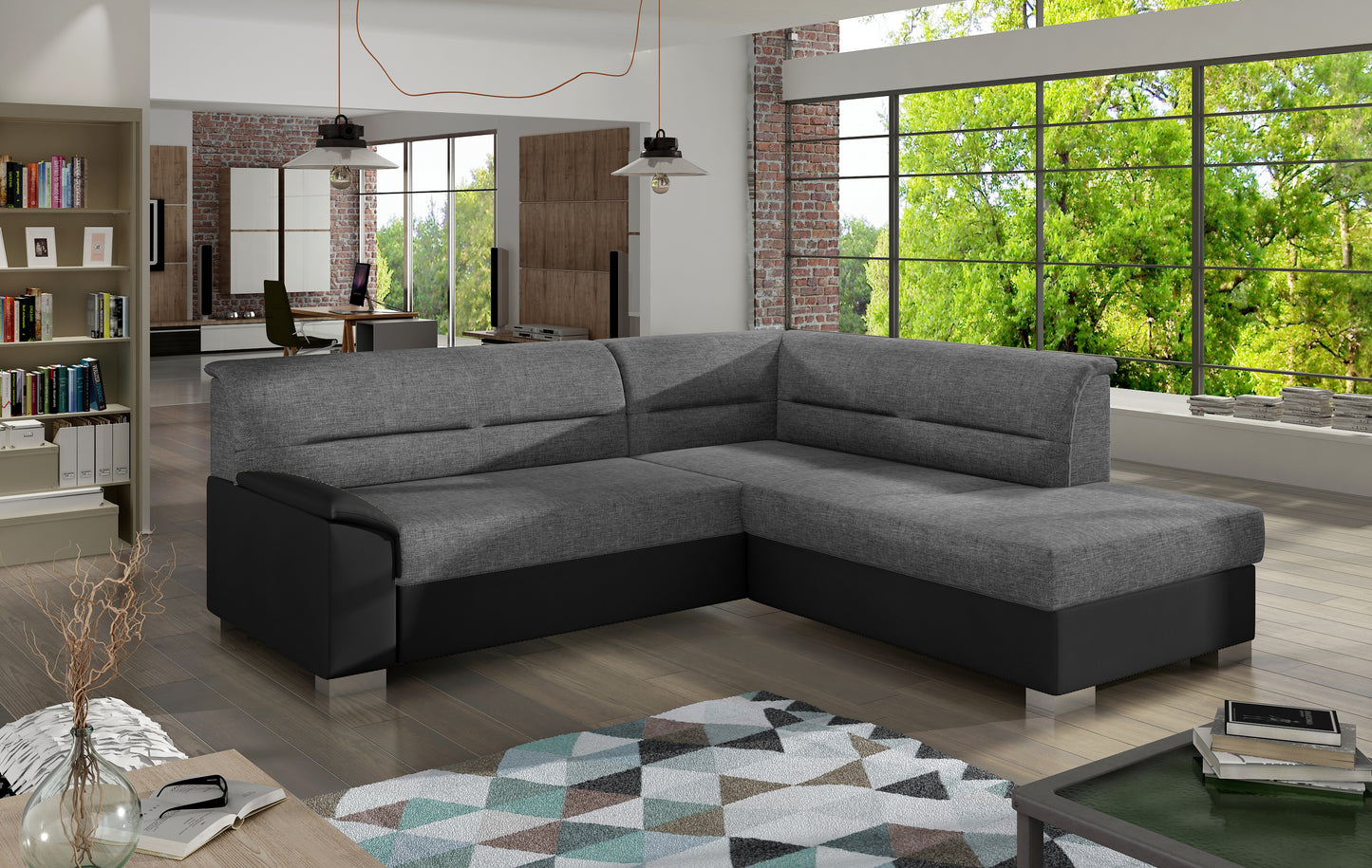 Narożnik Bergen w aranżacji salonu, szary Sawana 21 z czarnym wykończeniem Soft 11, widok z przodu