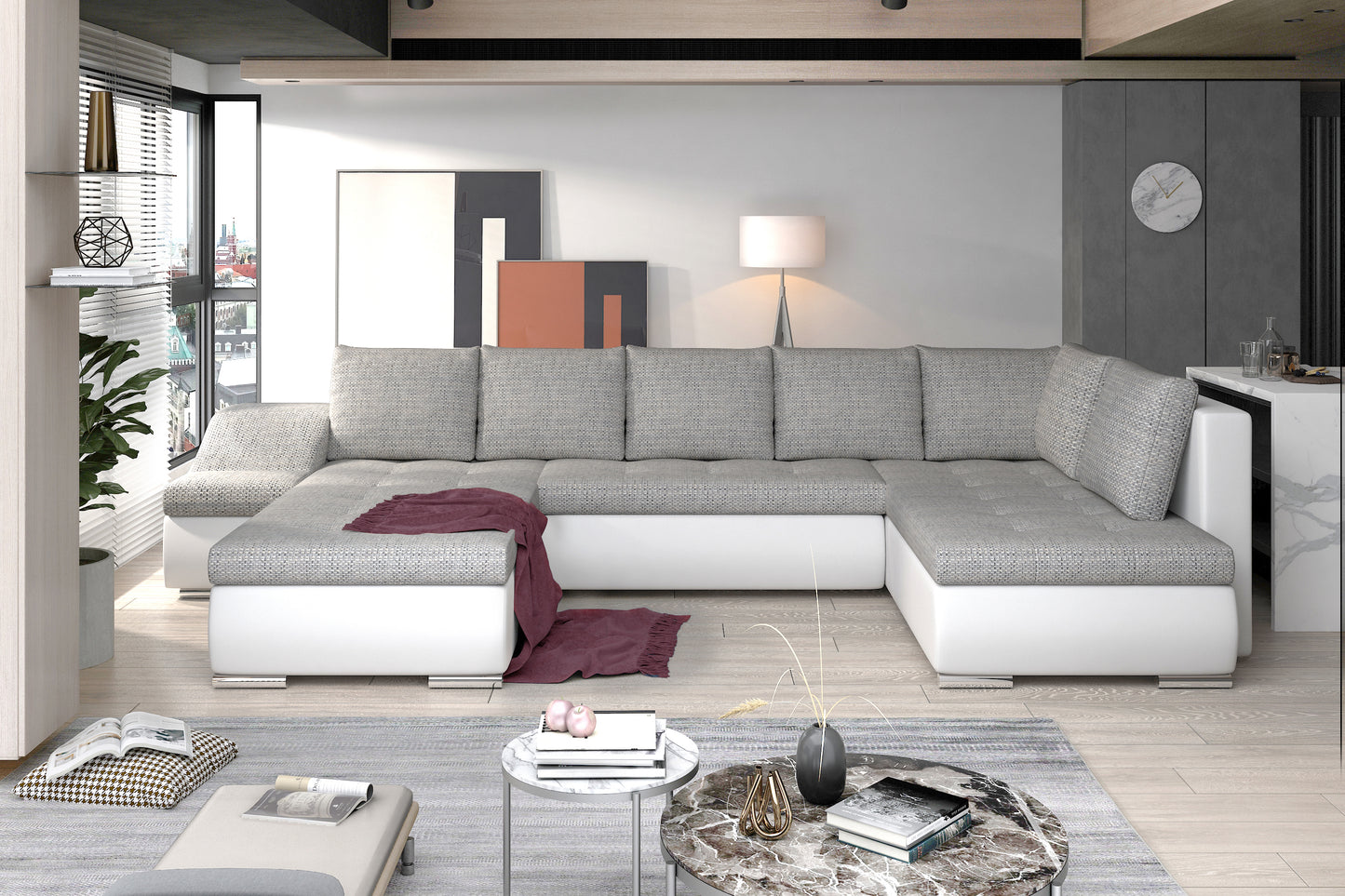 Narożnik Giovanni Berlin 01 szary / Soft 17 biały w nowoczesnej aranżacji salonu