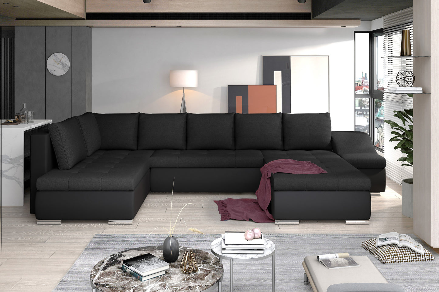 Czarny narożnik Giovanni w nowoczesnej aranżacji salonu, duża sofa modułowa