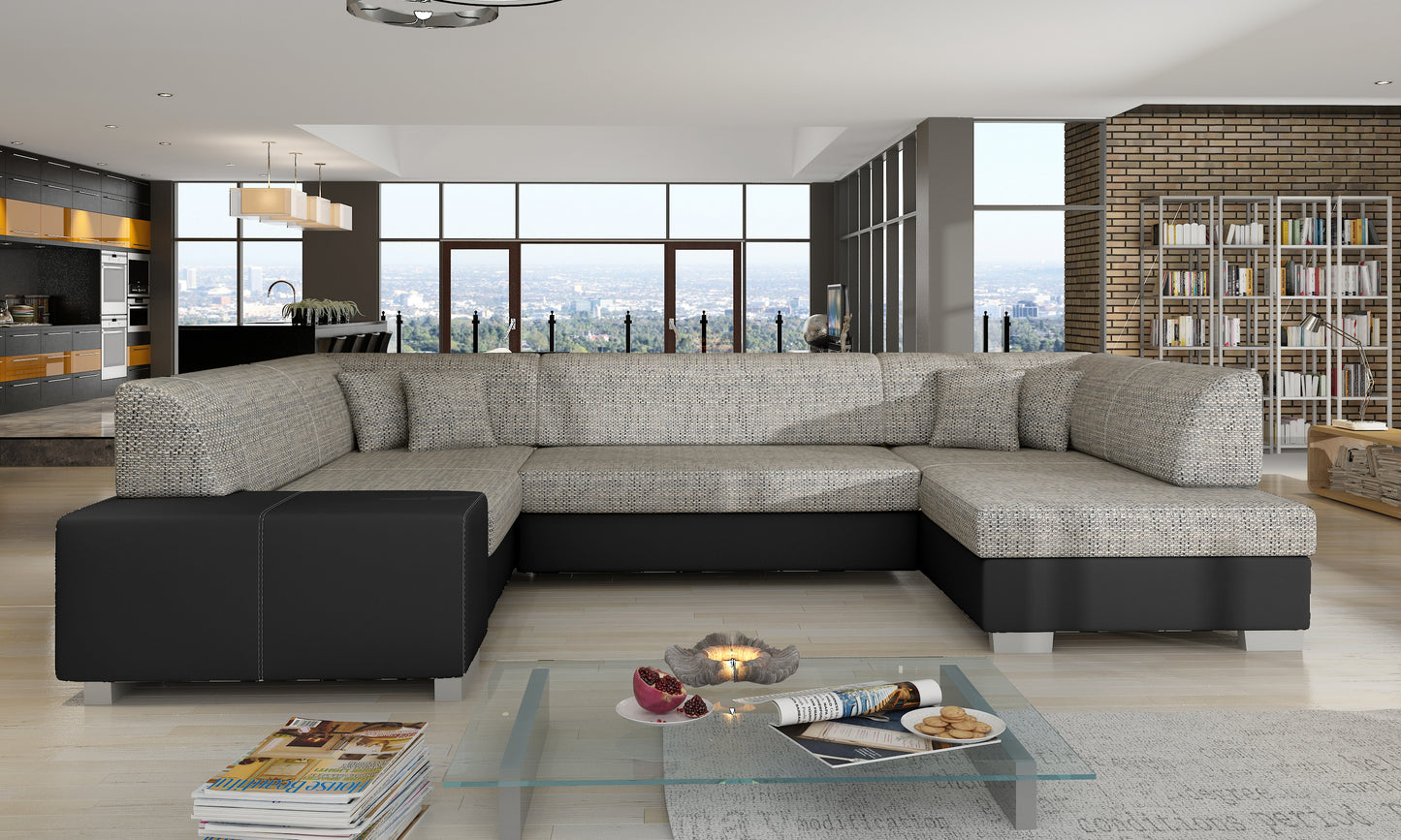 Narożnik Havana Berlin 01 szary Soft 11 czarny w nowoczesnym salonie, widok z przodu