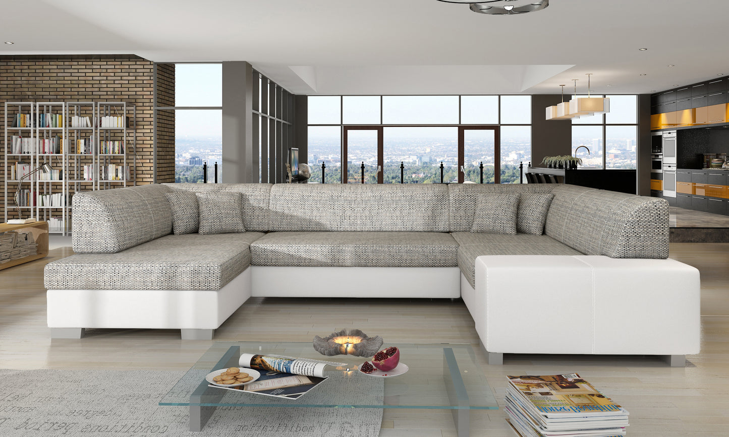 Szaro-biały narożnik Havana w tkaninie Berlin 01 i Soft 17 ustawiony w przestronnym, eleganckim salonie