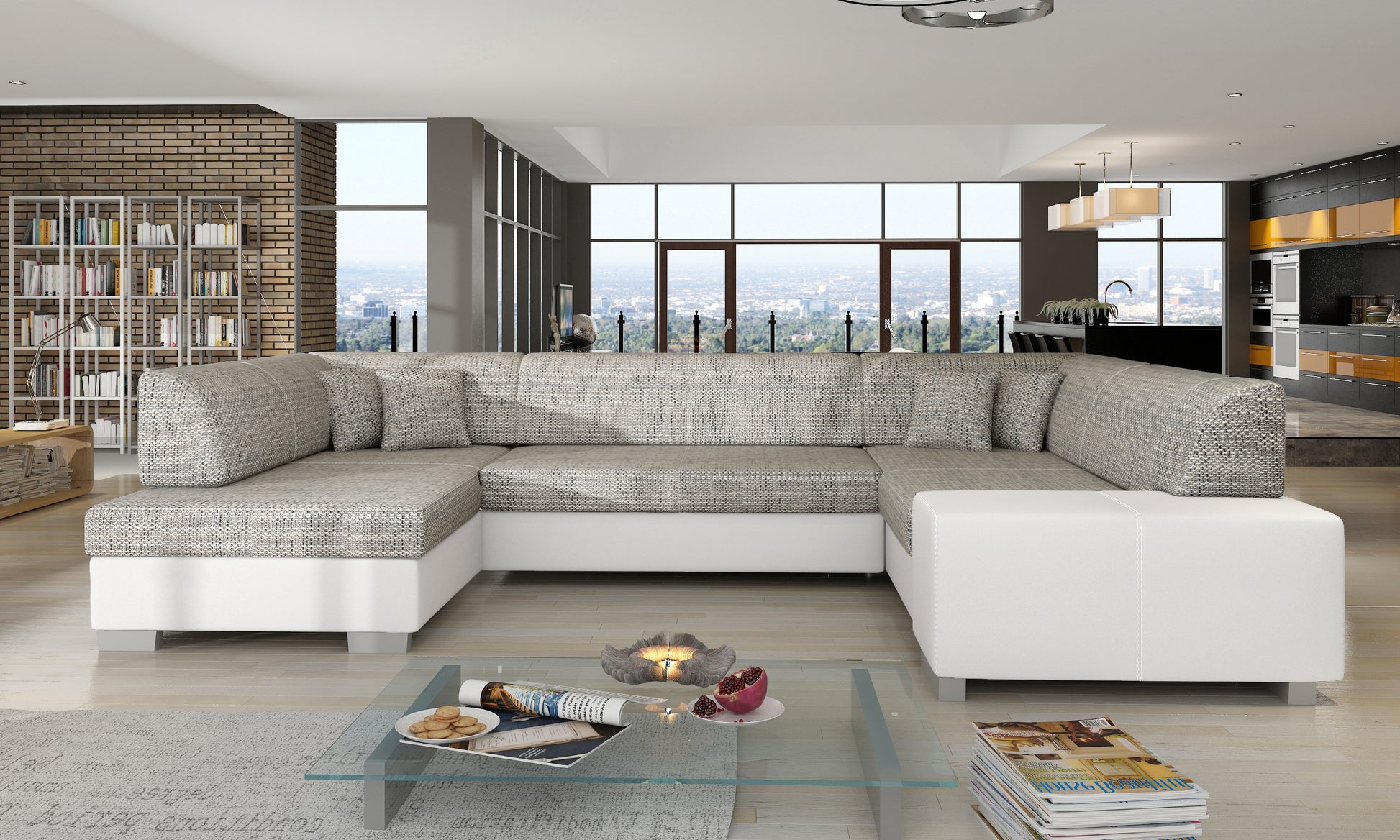 Szaro-biały narożnik Havana w tkaninie Berlin 01 i Soft 17 ustawiony w przestronnym, eleganckim salonie