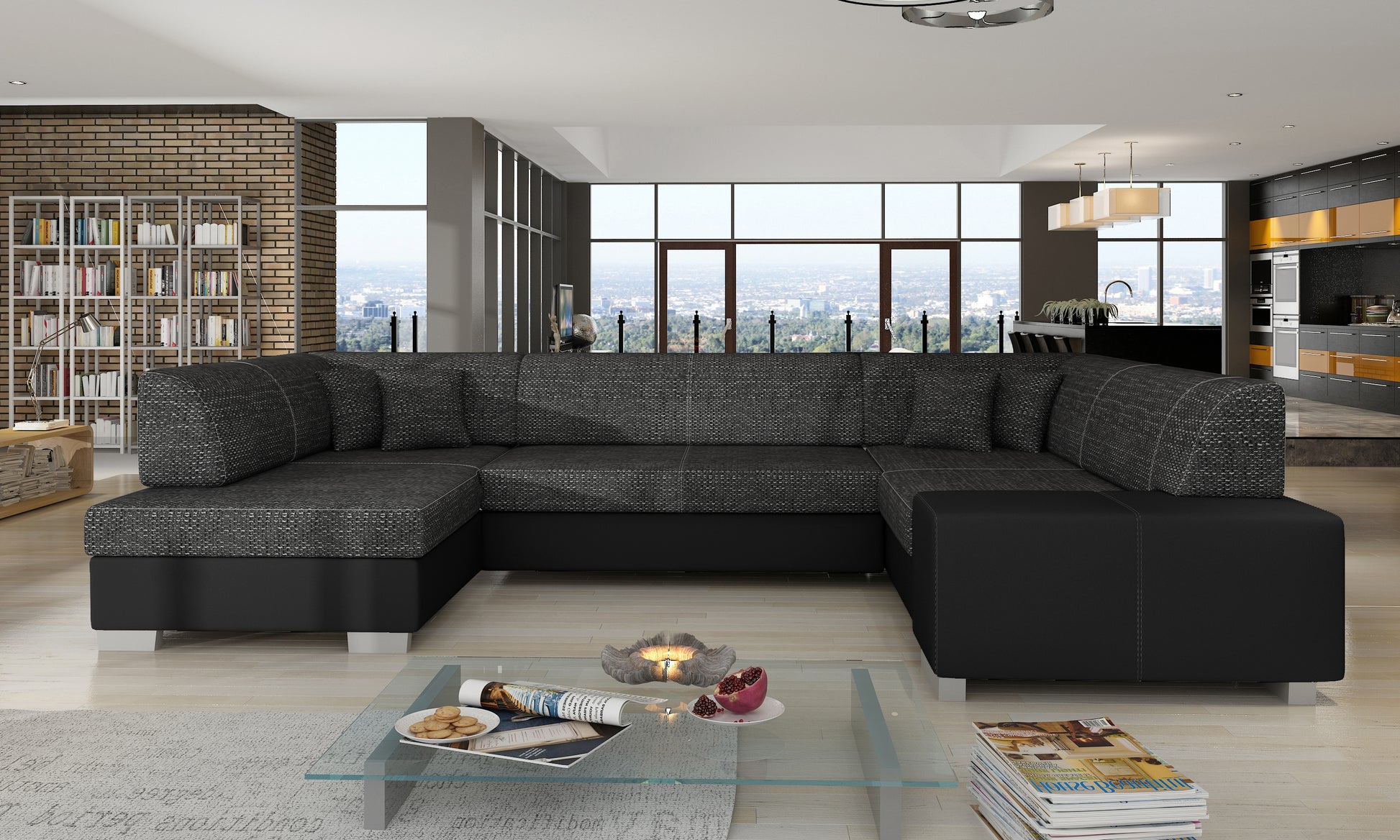 Czarny narożnik Havana w tkaninie Berlin 02 i Soft 11 ustawiony w eleganckim, przestronnym salonie