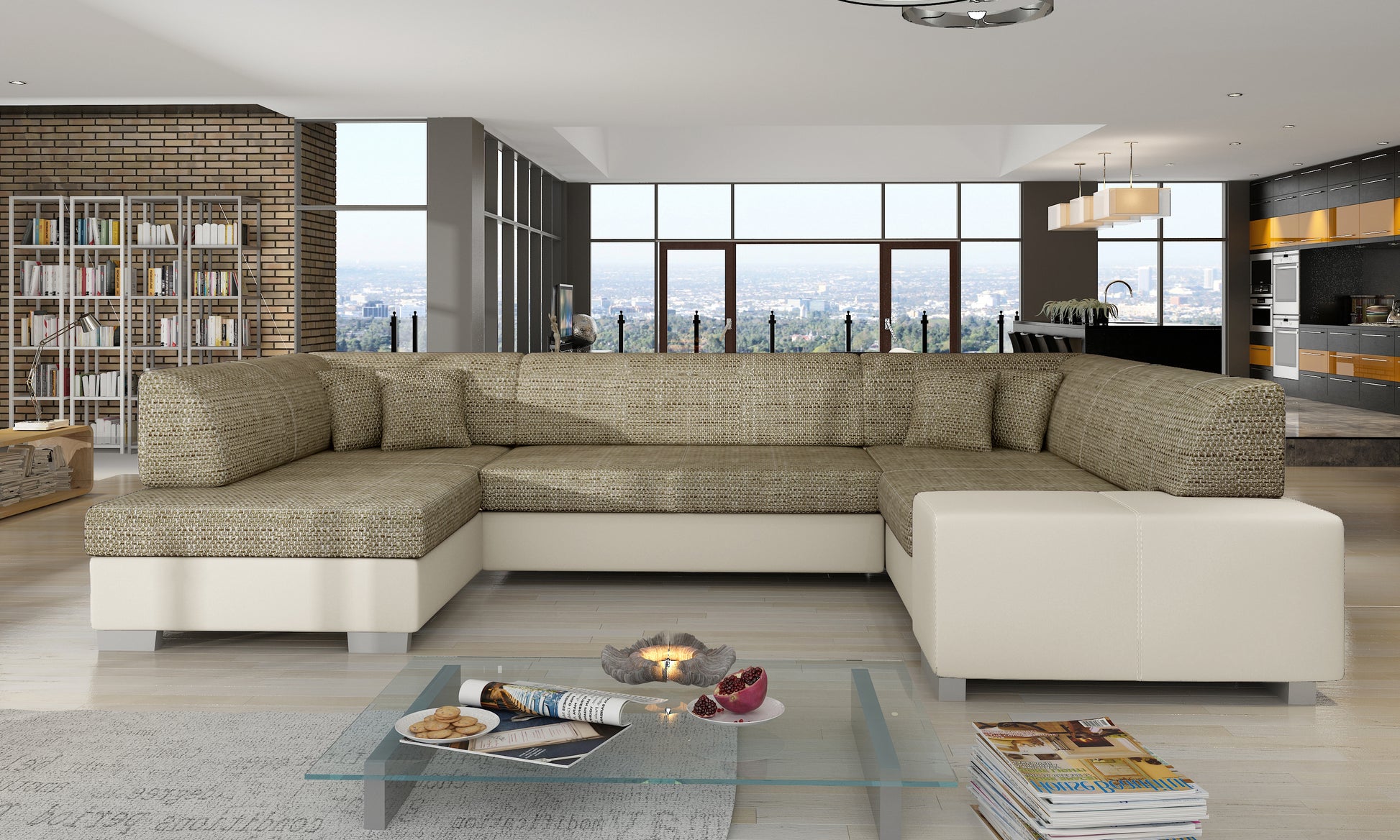 Beżowy narożnik Havana w tkaninie Berlin 03 i Soft 33 ustawiony w jasnym, eleganckim salonie