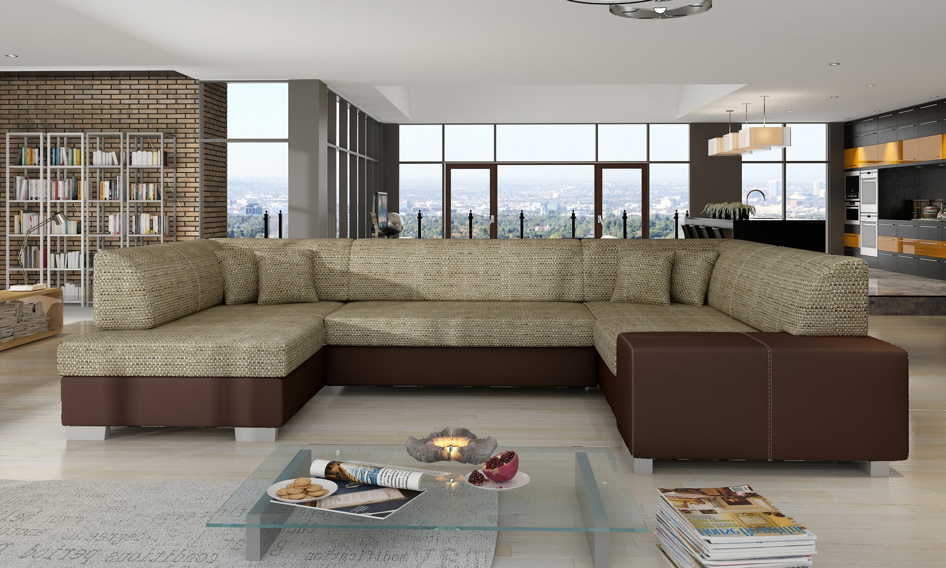Beżowo-brązowy narożnik Havana w tkaninie Berlin 03 i Soft 66 ustawiony w eleganckim salonie