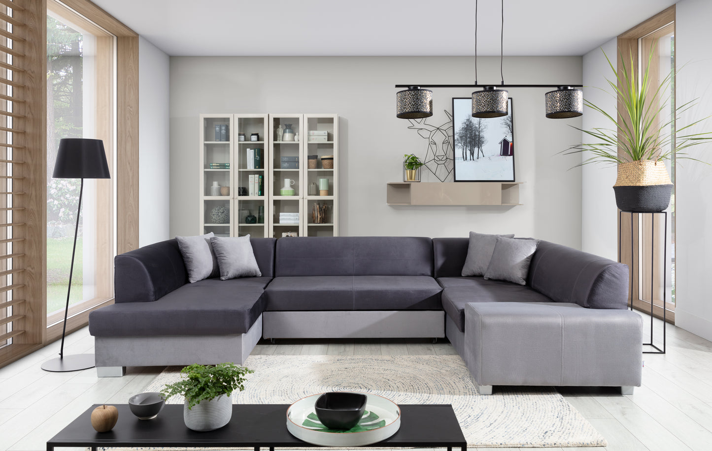 Narożnik Havana w tkaninie Monolith 97 i Monolith 84, narożna sofa ustawiona w jasnym salonie