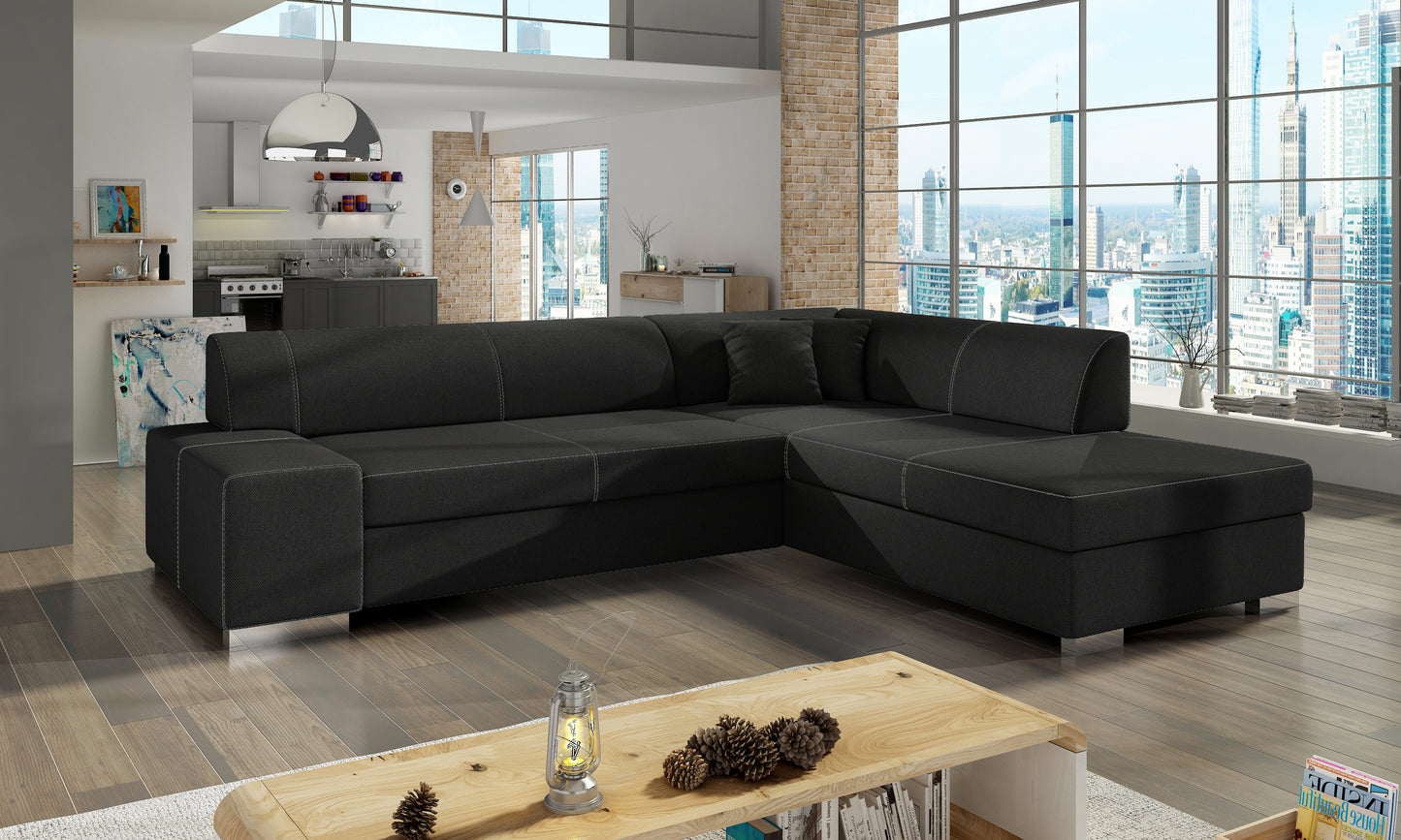 Narożnik Porto w tkaninie Sawana 14 czarny prawy, elegancka sofa w kształcie L do nowoczesnego salonu, zapewniająca komfortowy relaks, przestrzeń do oglądania telewizji i wspólnego spędzania czasu