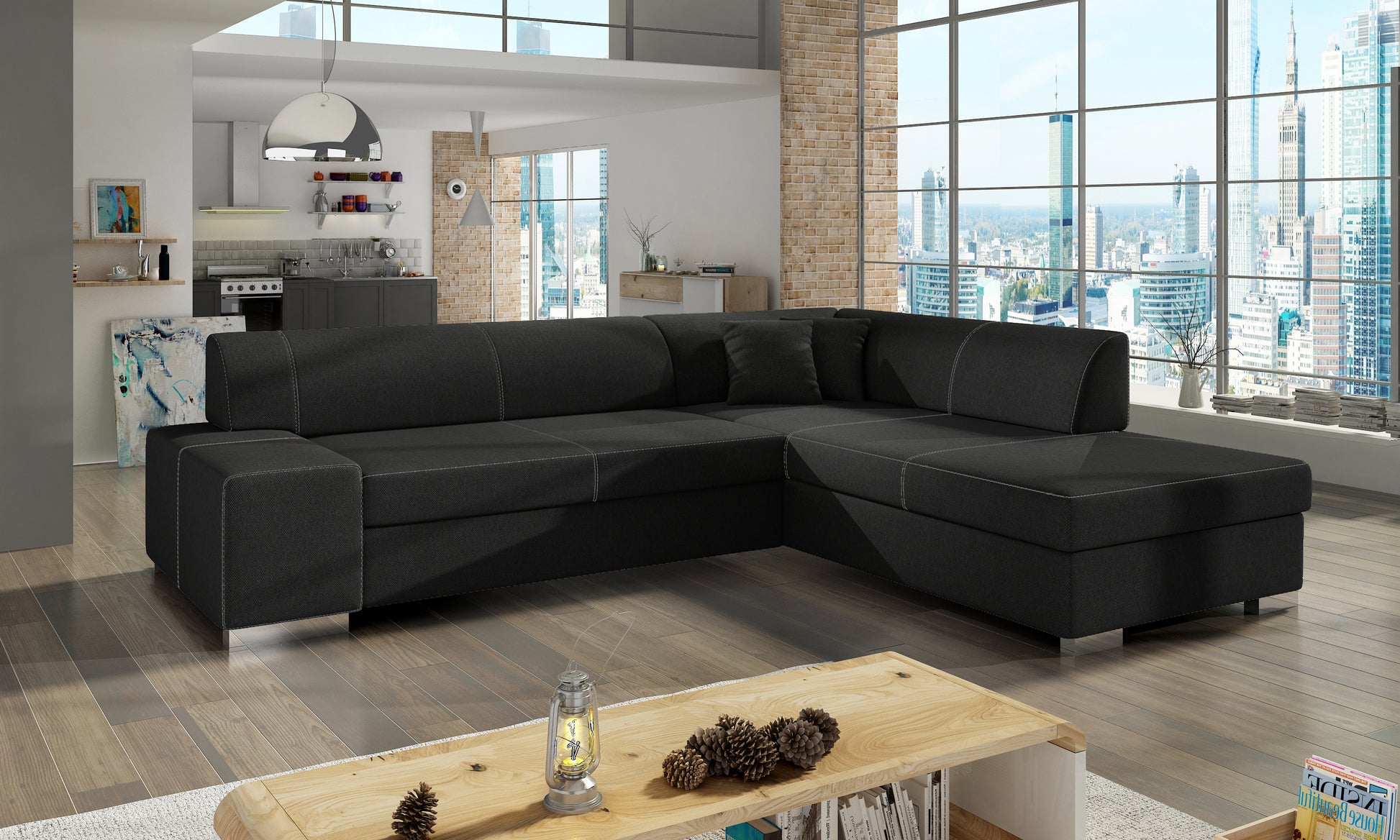 Narożnik Porto w tkaninie Sawana 14 czarny prawy, elegancka sofa w kształcie L do nowoczesnego salonu, zapewniająca komfortowy relaks, przestrzeń do oglądania telewizji i wspólnego spędzania czasu