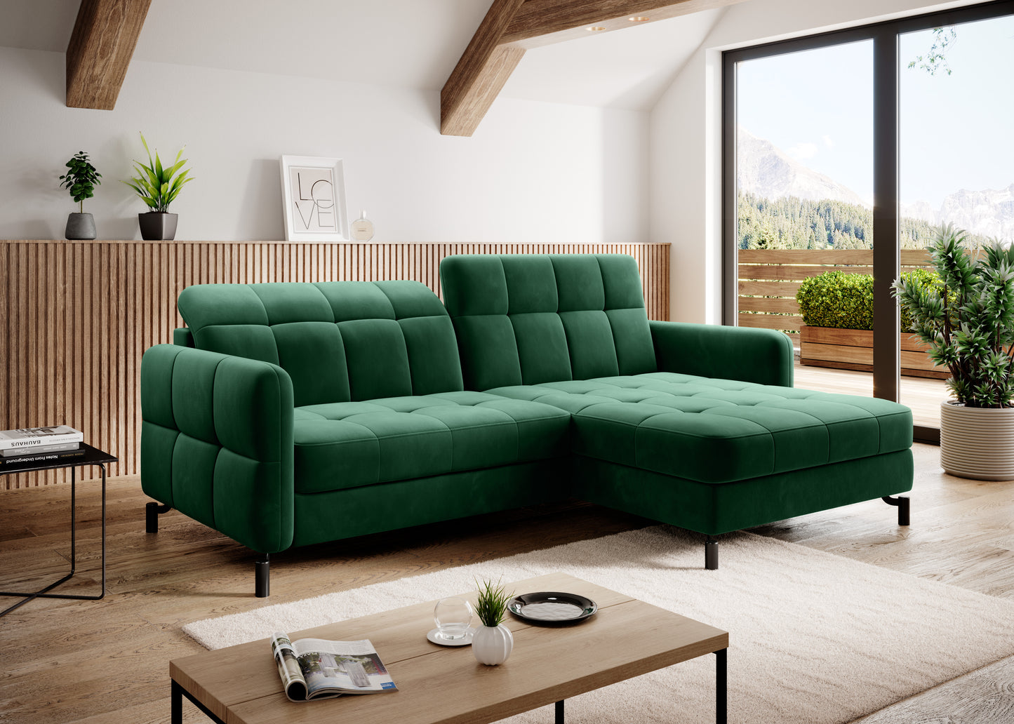 Narożnik Lorelle w kolorze Kronos 19 zielony, układ prawy, ustawiony w nowoczesnym salonie z dużymi oknami i drewnianymi elementami wystroju.